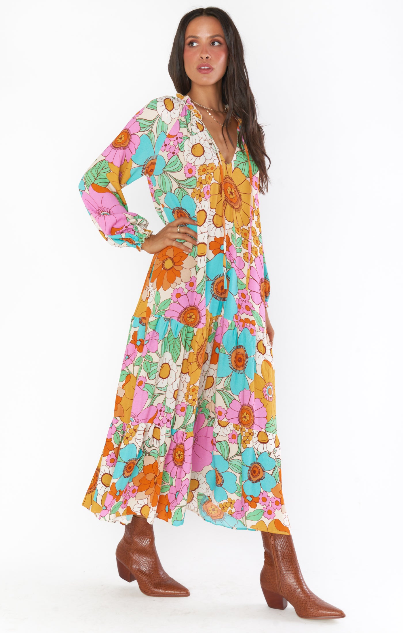 Floral Tiered Maxi Dress with V-Neck & Ties | Birdie