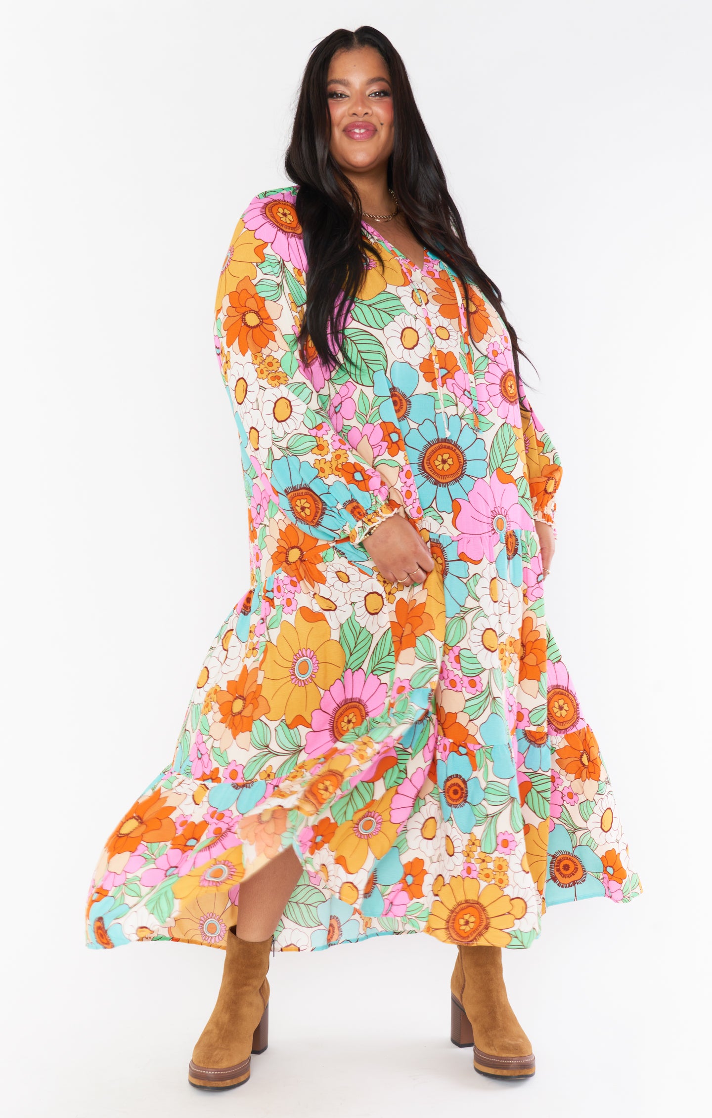 Floral Tiered Maxi Dress with V-Neck & Ties | Birdie