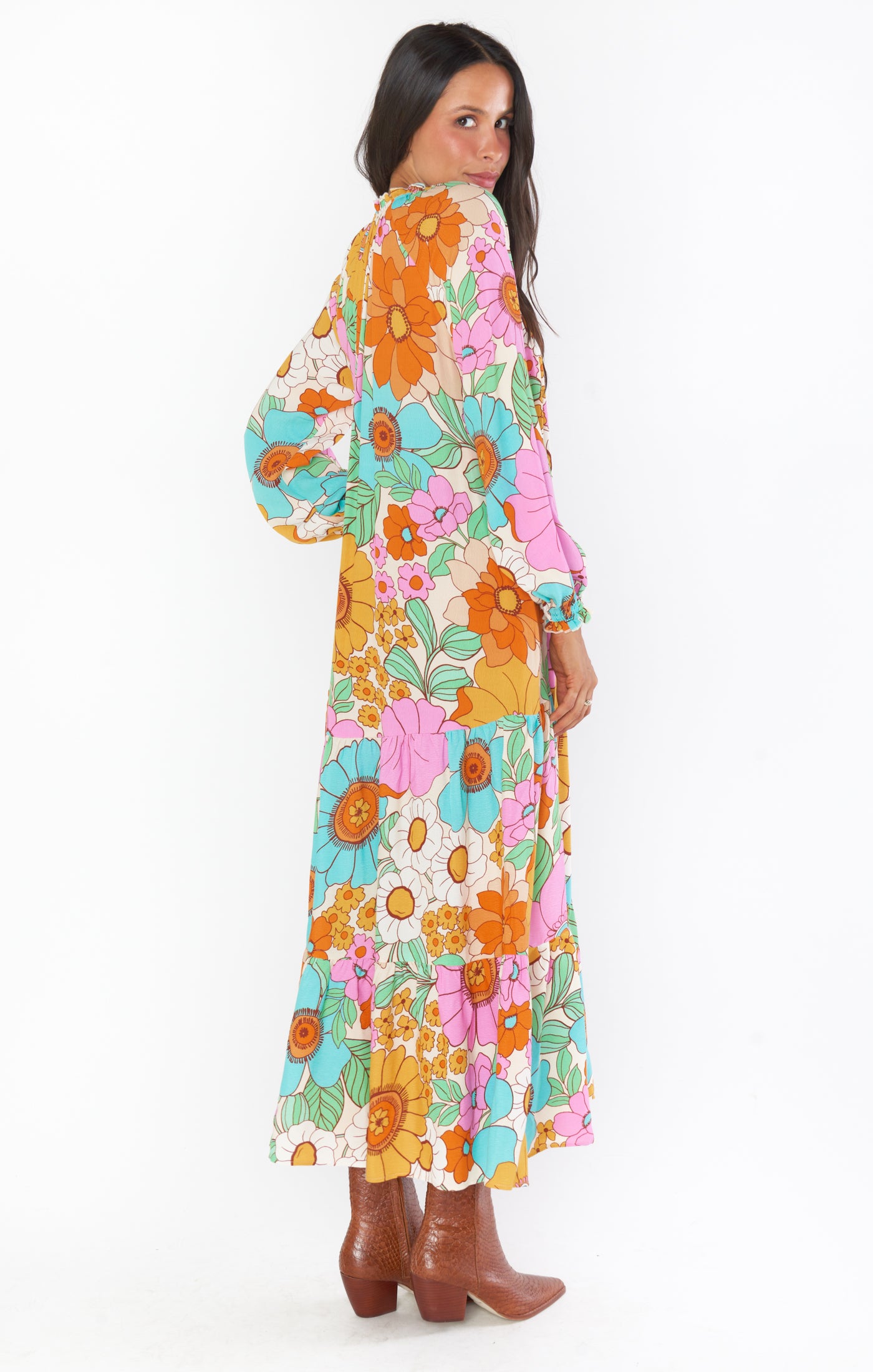 Floral Tiered Maxi Dress with V-Neck & Ties | Birdie