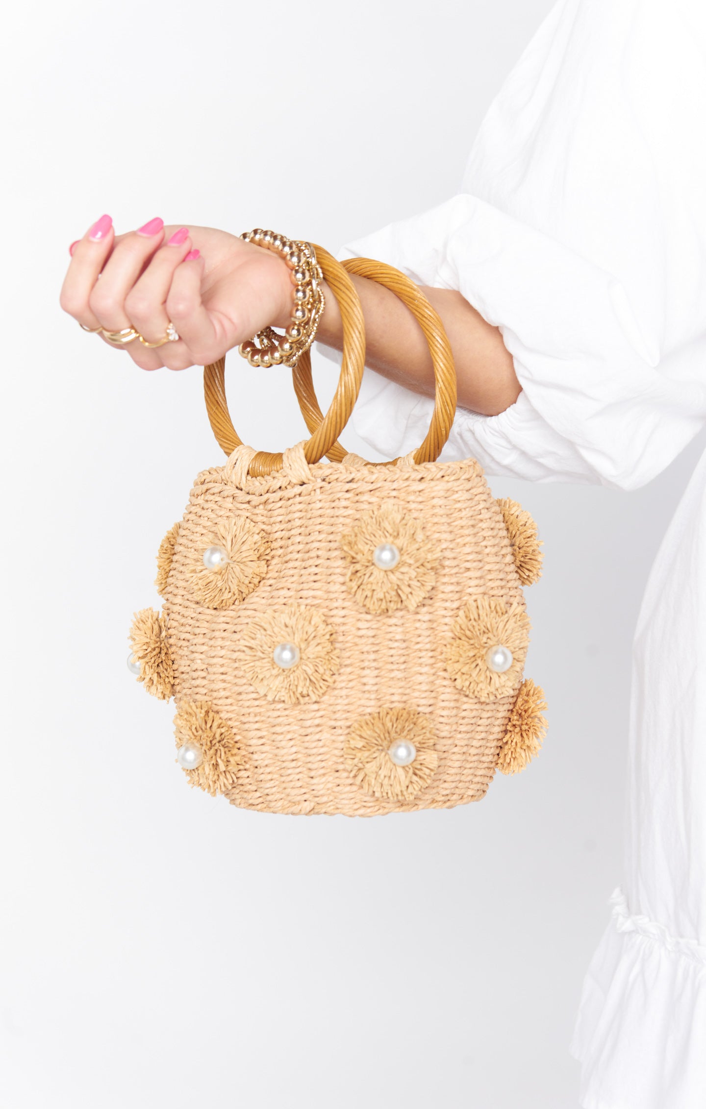 Natural Straw Bag with Pearl Details & Circle Handle | Elia