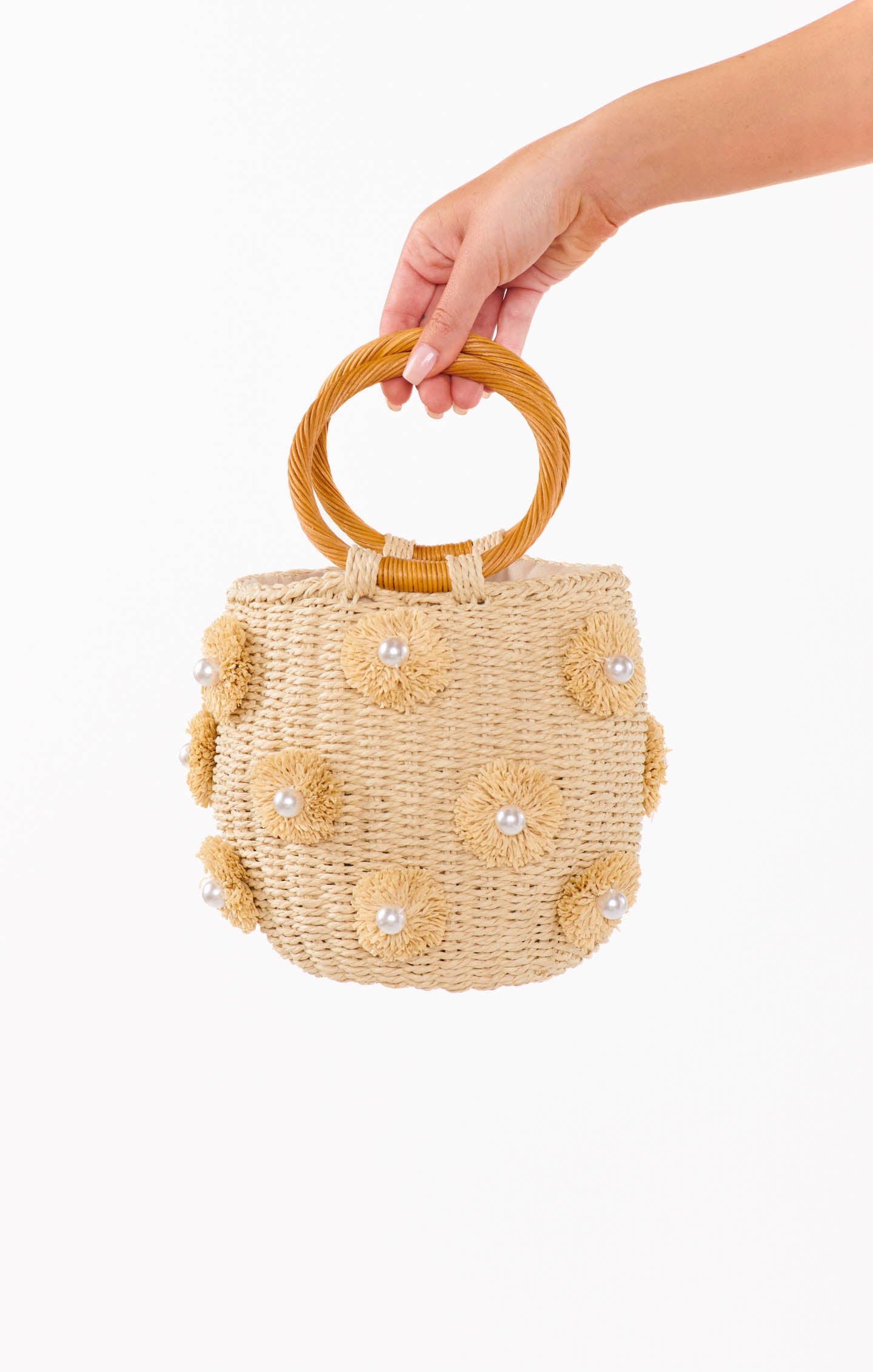 Natural Straw Bag with Pearl Details & Circle Handle | Elia