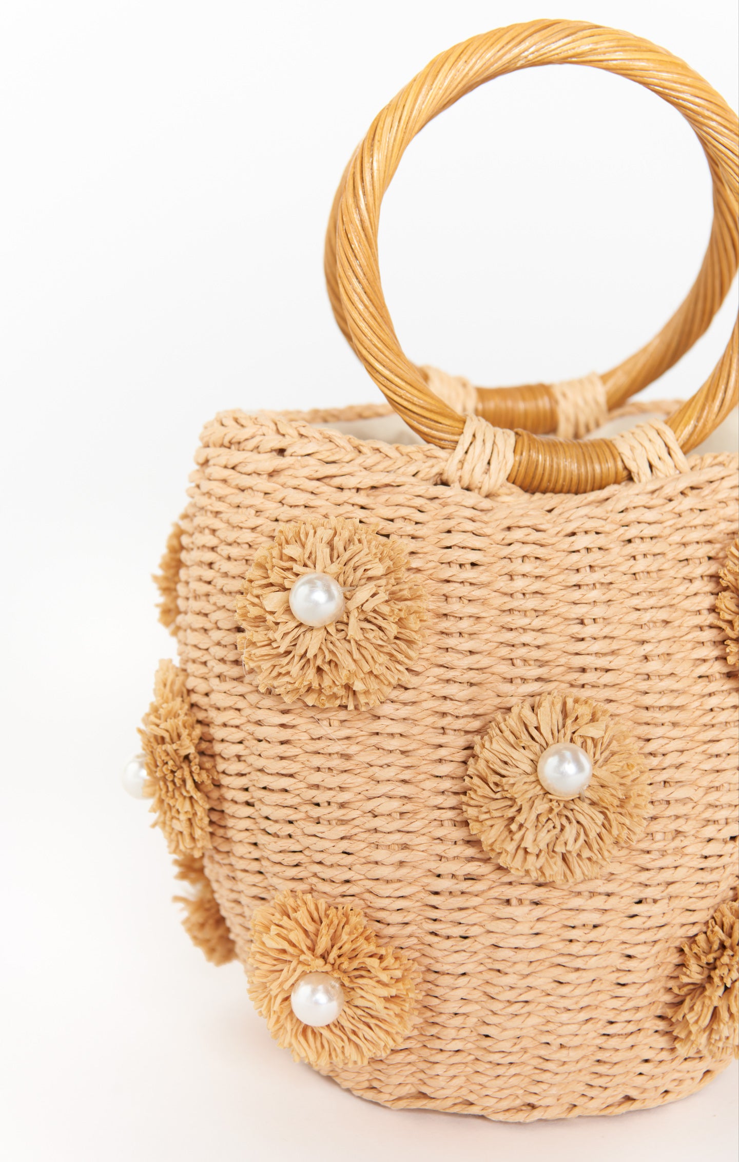 Natural Straw Bag with Pearl Details & Circle Handle | Elia