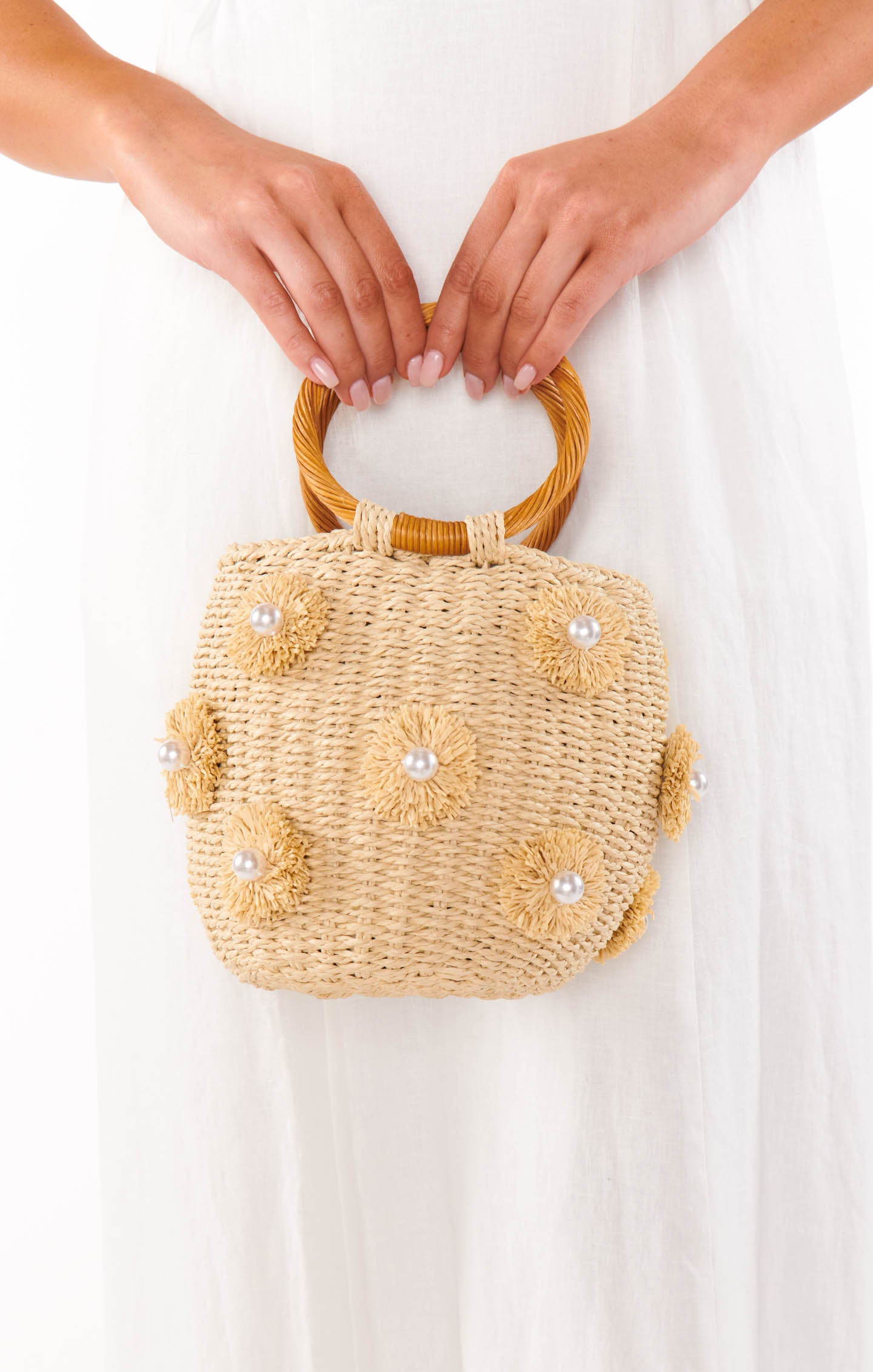 Natural Straw Bag with Pearl Details & Circle Handle | Elia