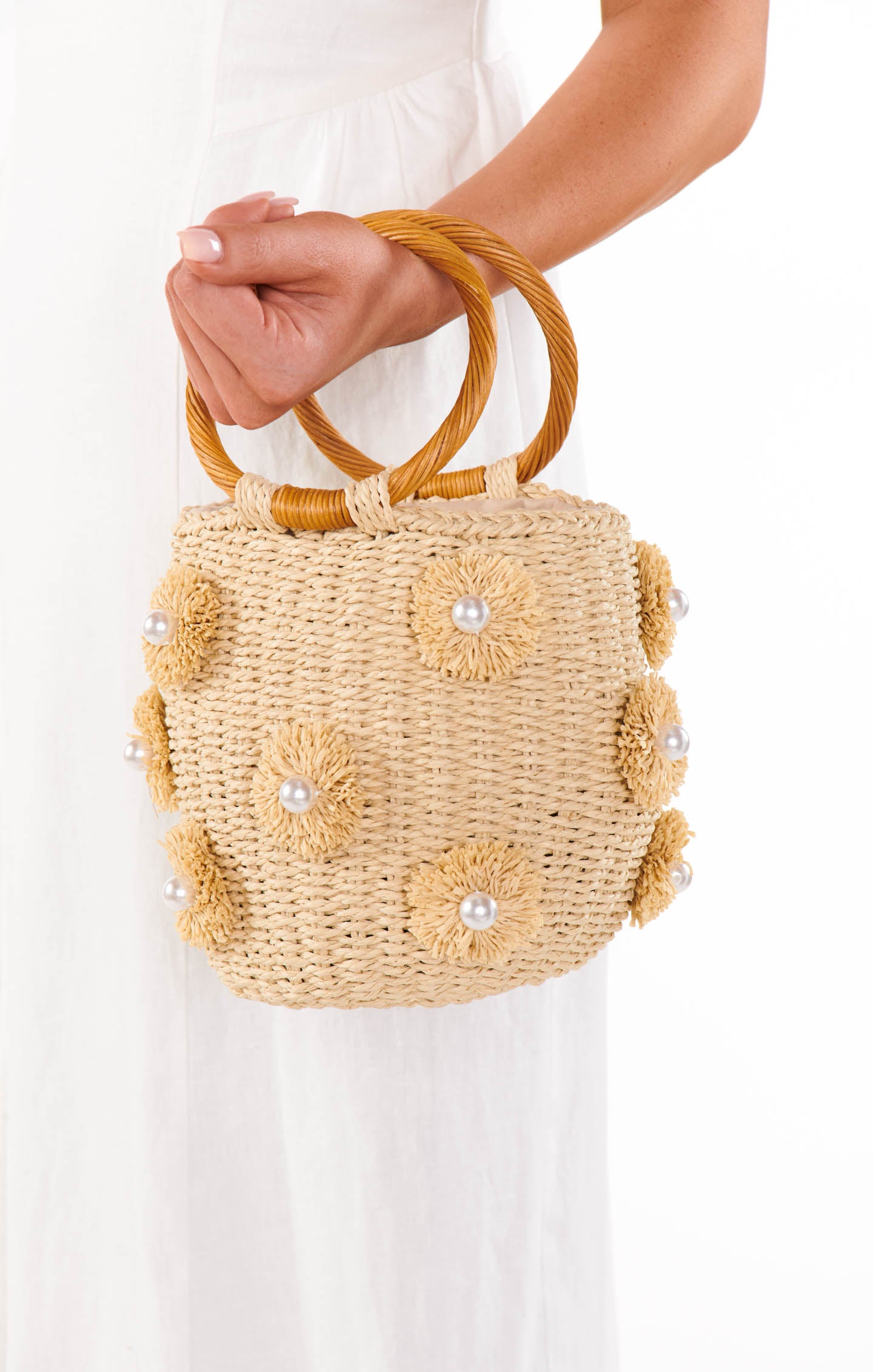 Natural Straw Bag with Pearl Details & Circle Handle | Elia