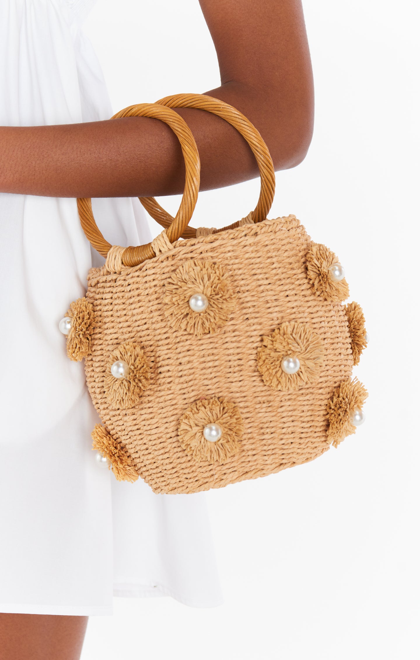 Natural Straw Bag with Pearl Details & Circle Handle | Elia