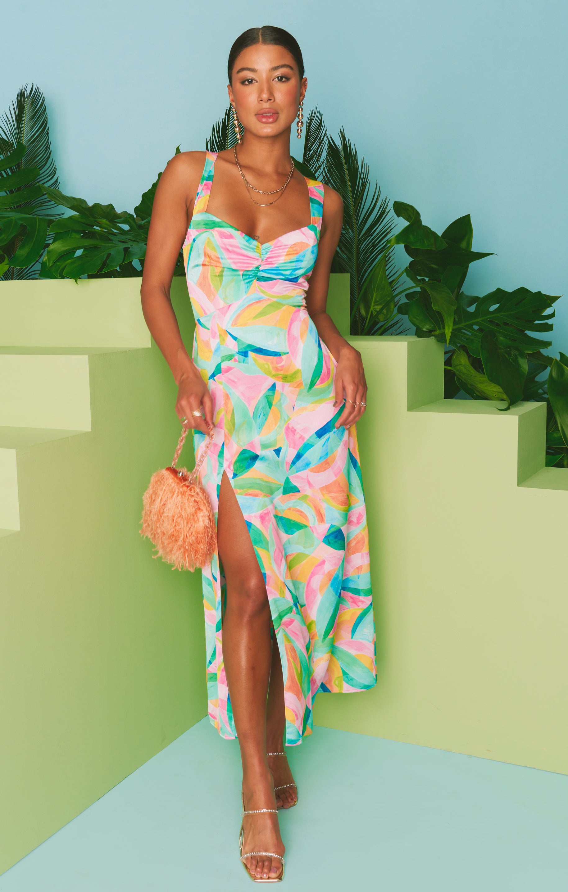 Stretchy Midi Dress with Side Slit & Adjustable Straps | Tropicana Burst