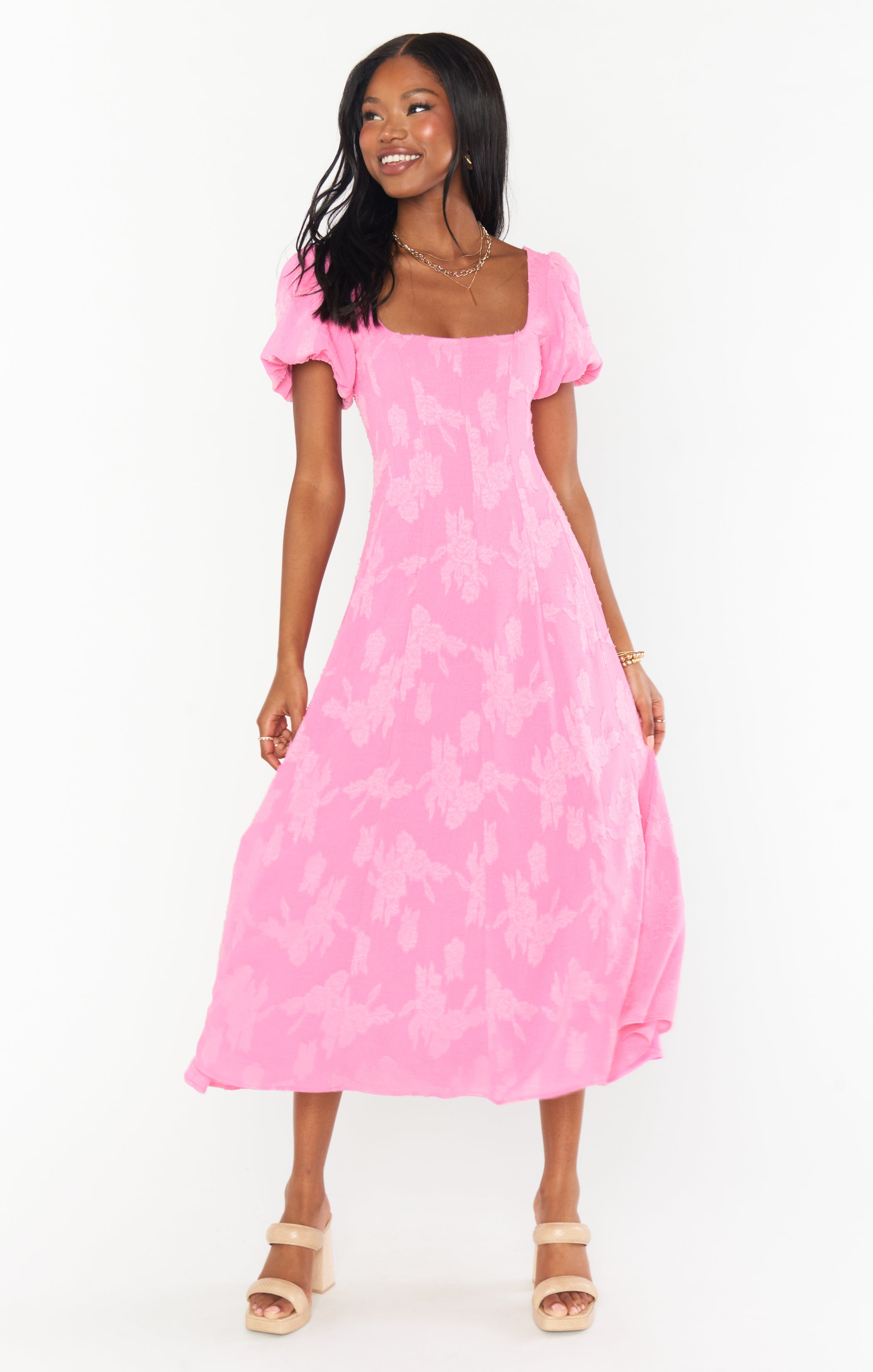 Floral Midi Dress with Puff Sleeves & Smocked Back | Mia