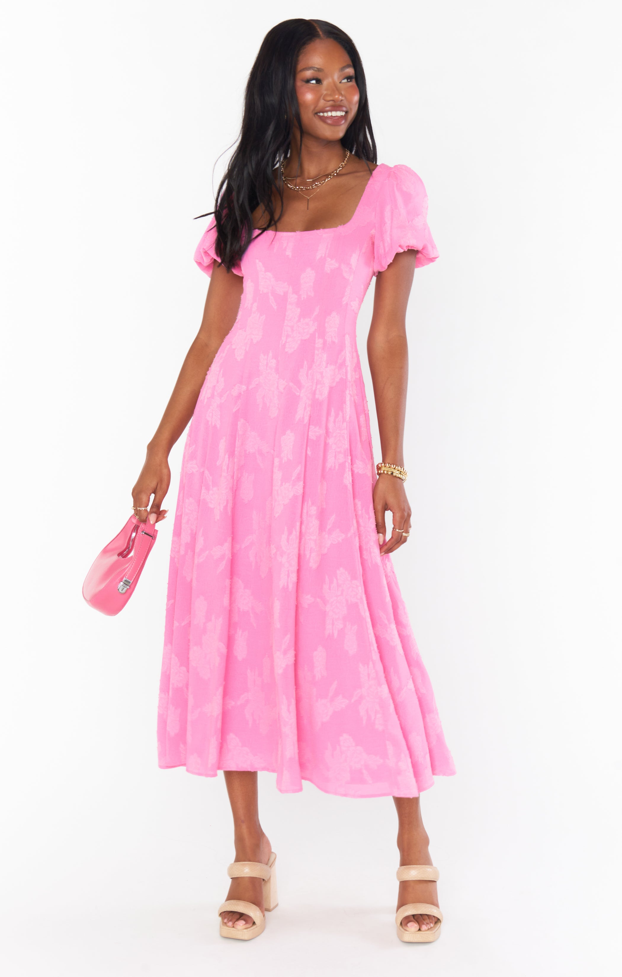 Floral Midi Dress with Puff Sleeves & Smocked Back | Mia