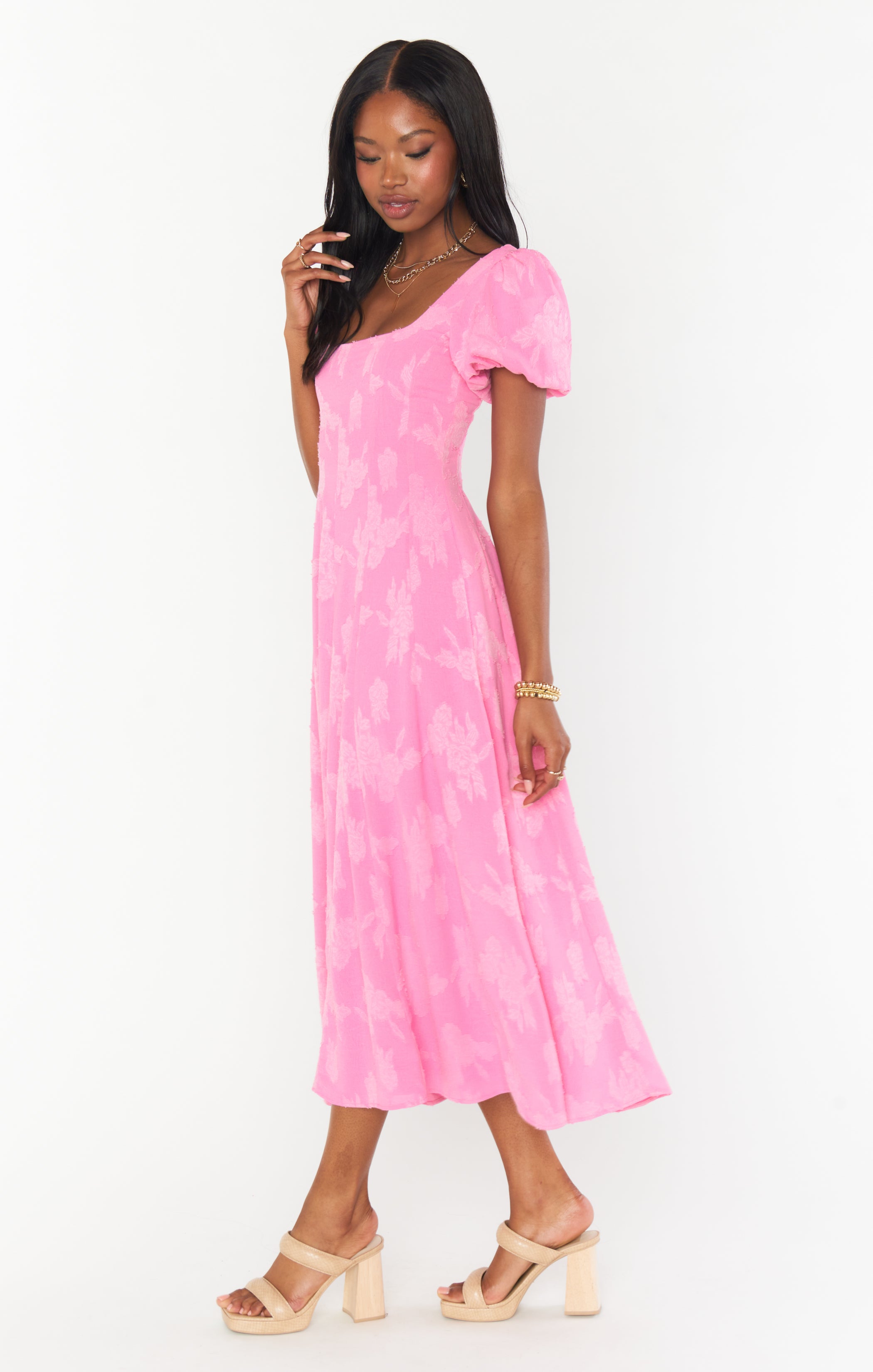 Floral Midi Dress with Puff Sleeves & Smocked Back | Mia