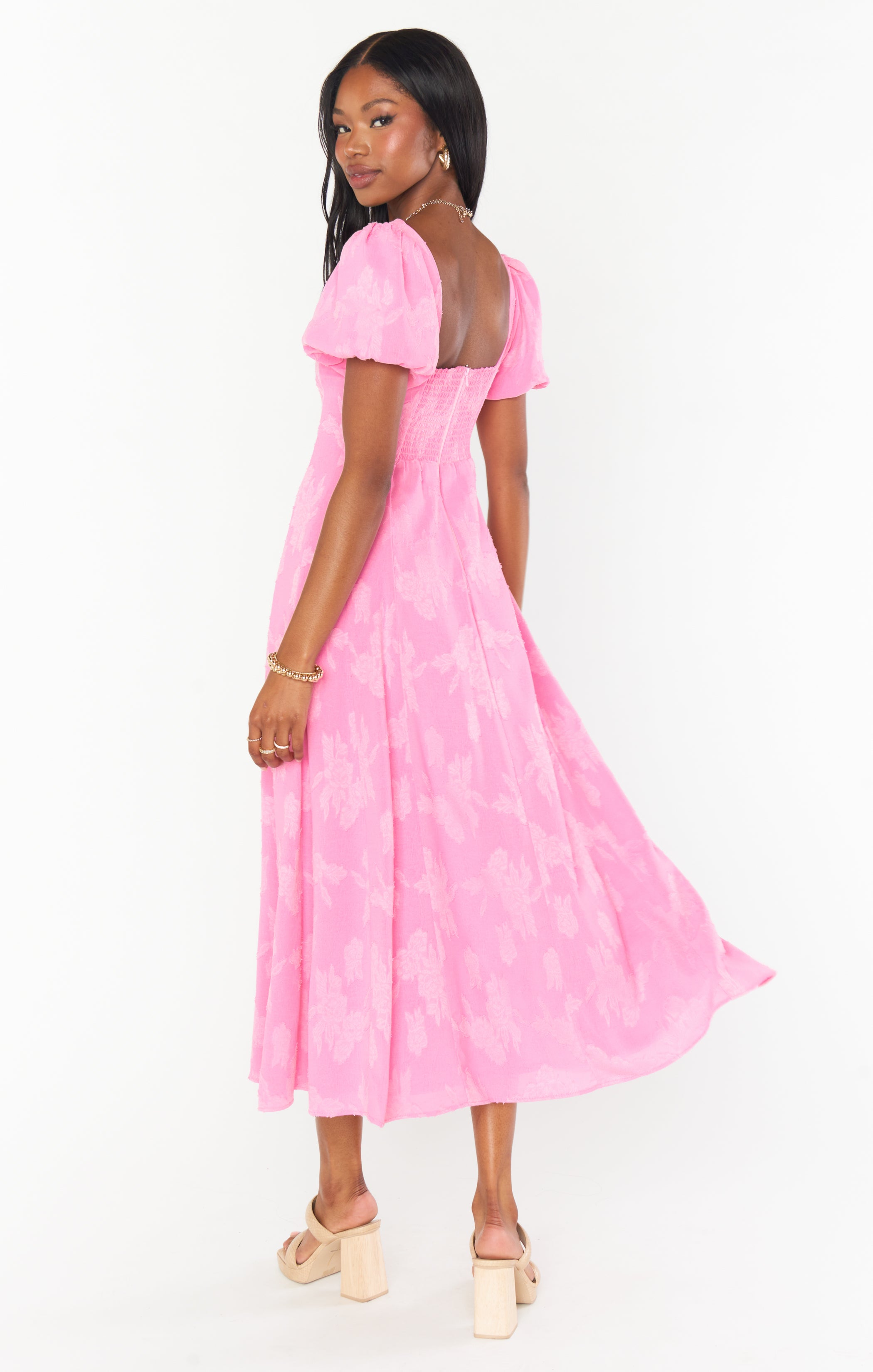 Floral Midi Dress with Puff Sleeves & Smocked Back | Mia