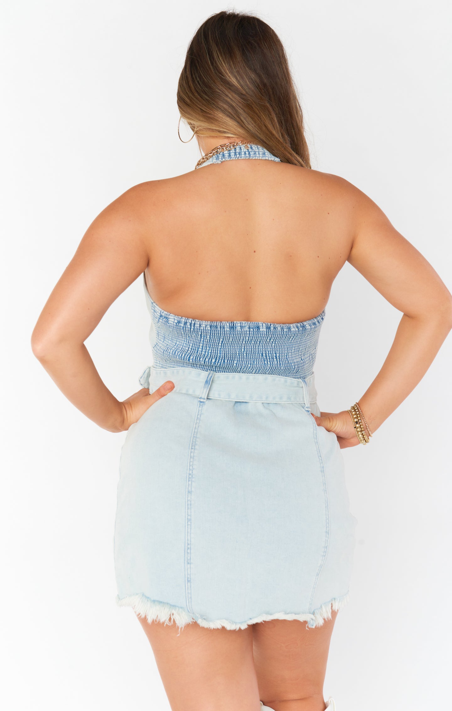 Stretch Denim Halter Mini Dress with Smocked Back | Blue Jay