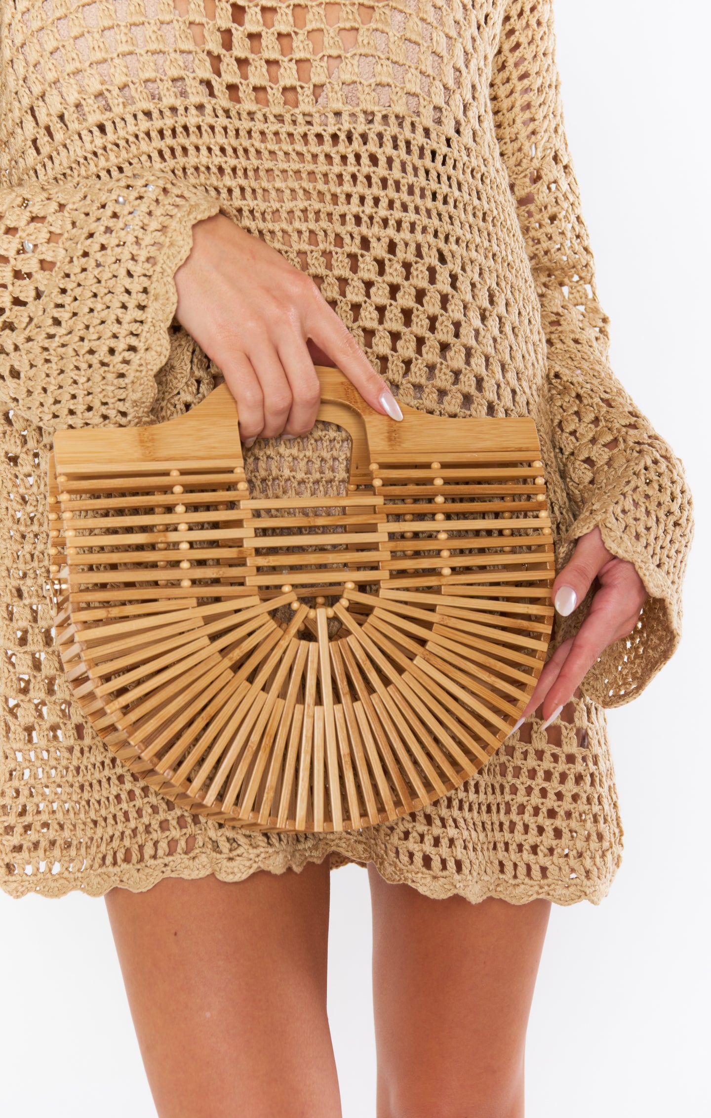 Half-Moon Bamboo Clutch Purse with Gold Chain | Elegant Evening Bag