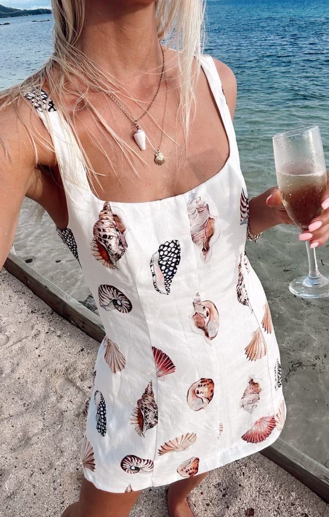 White Shell Print Mini Dress with Open Back | Steph