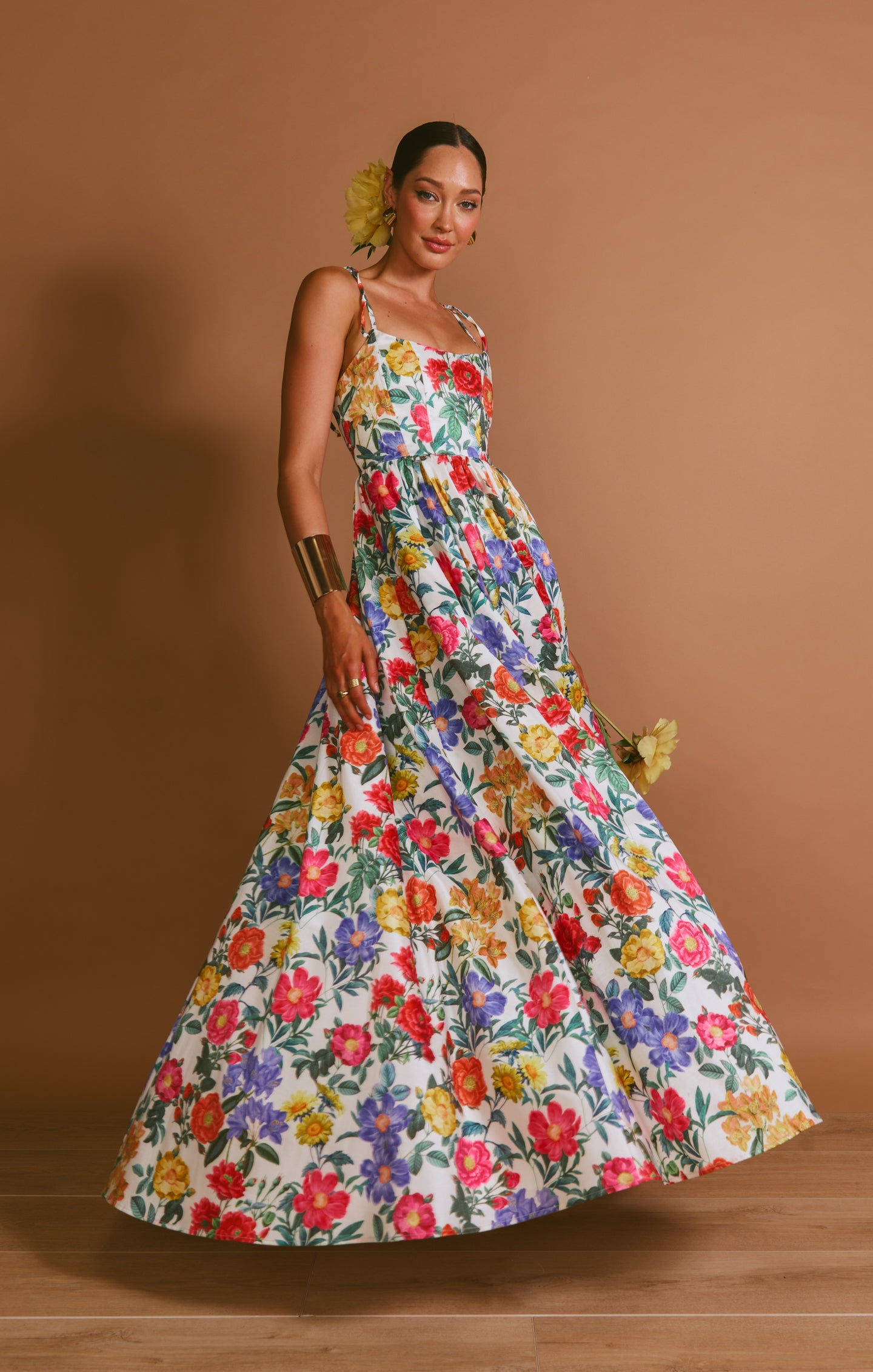 Peony Print Maxi Dress with Corset Bodice & Side Slit | Juliet