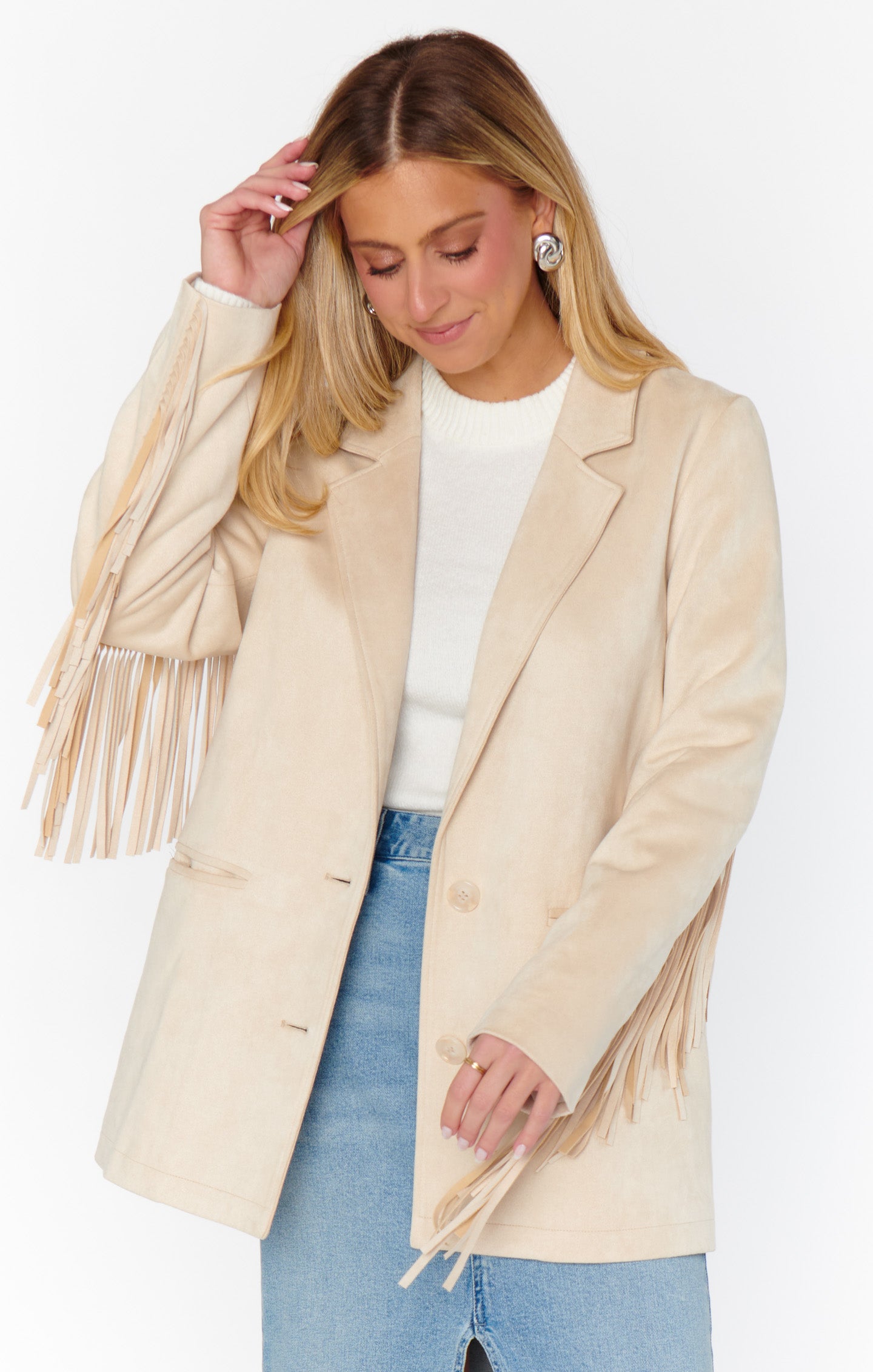 Cream Faux Suede Fringe Jacket for Festivals & Outings | Sierra