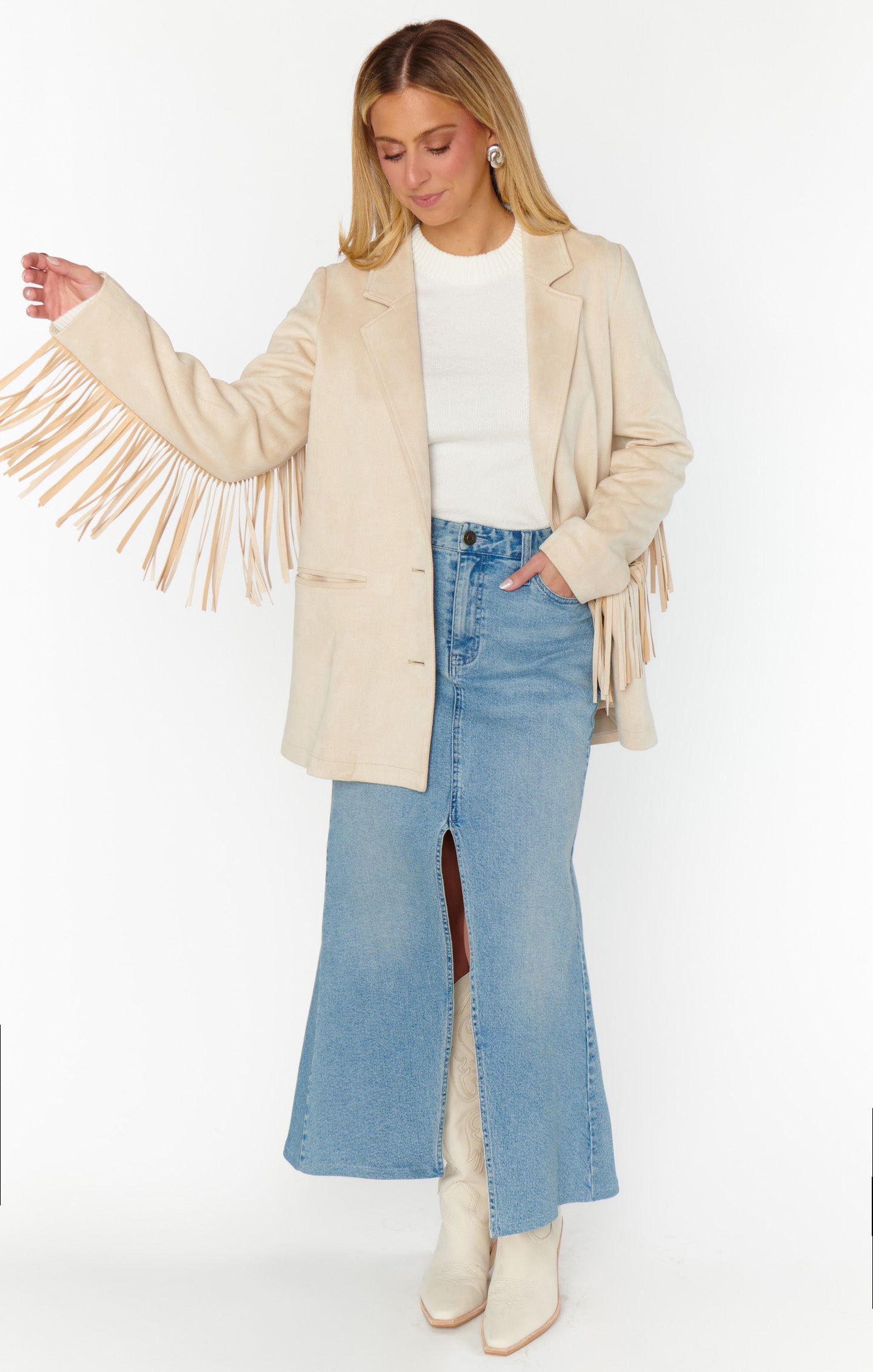 Cream Faux Suede Fringe Jacket for Festivals & Outings | Sierra