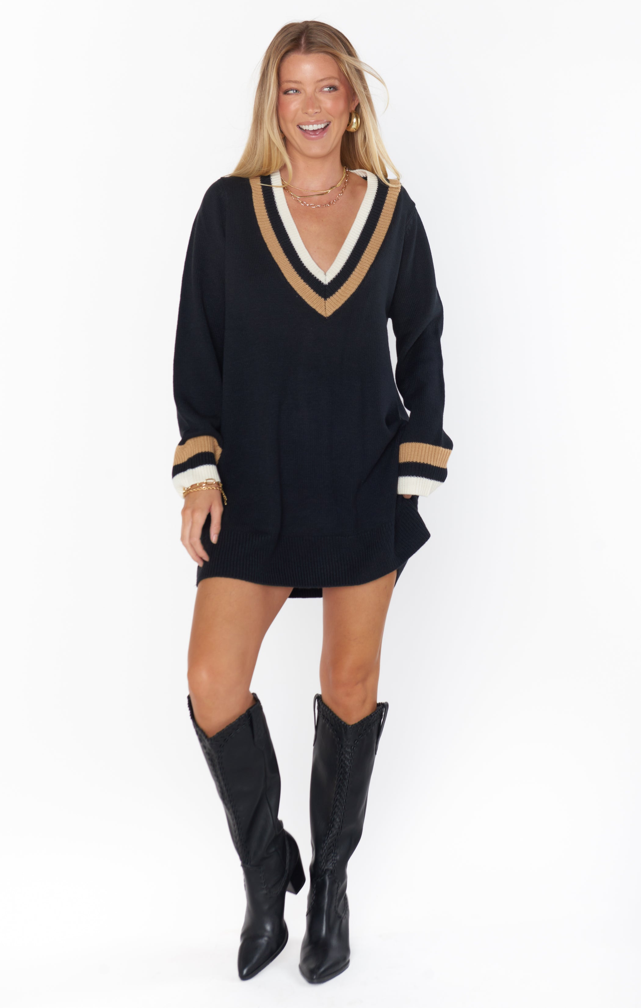 Black Stripe Knit Sweater Dress | V-Neck & Ribbed Details