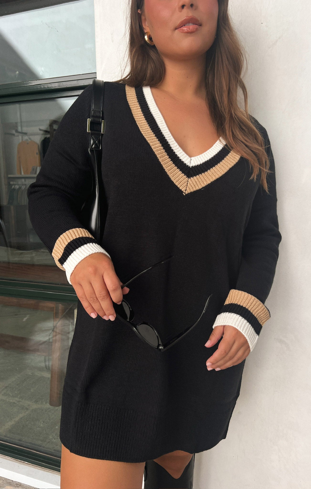 Black Stripe Knit Sweater Dress | V-Neck & Ribbed Details