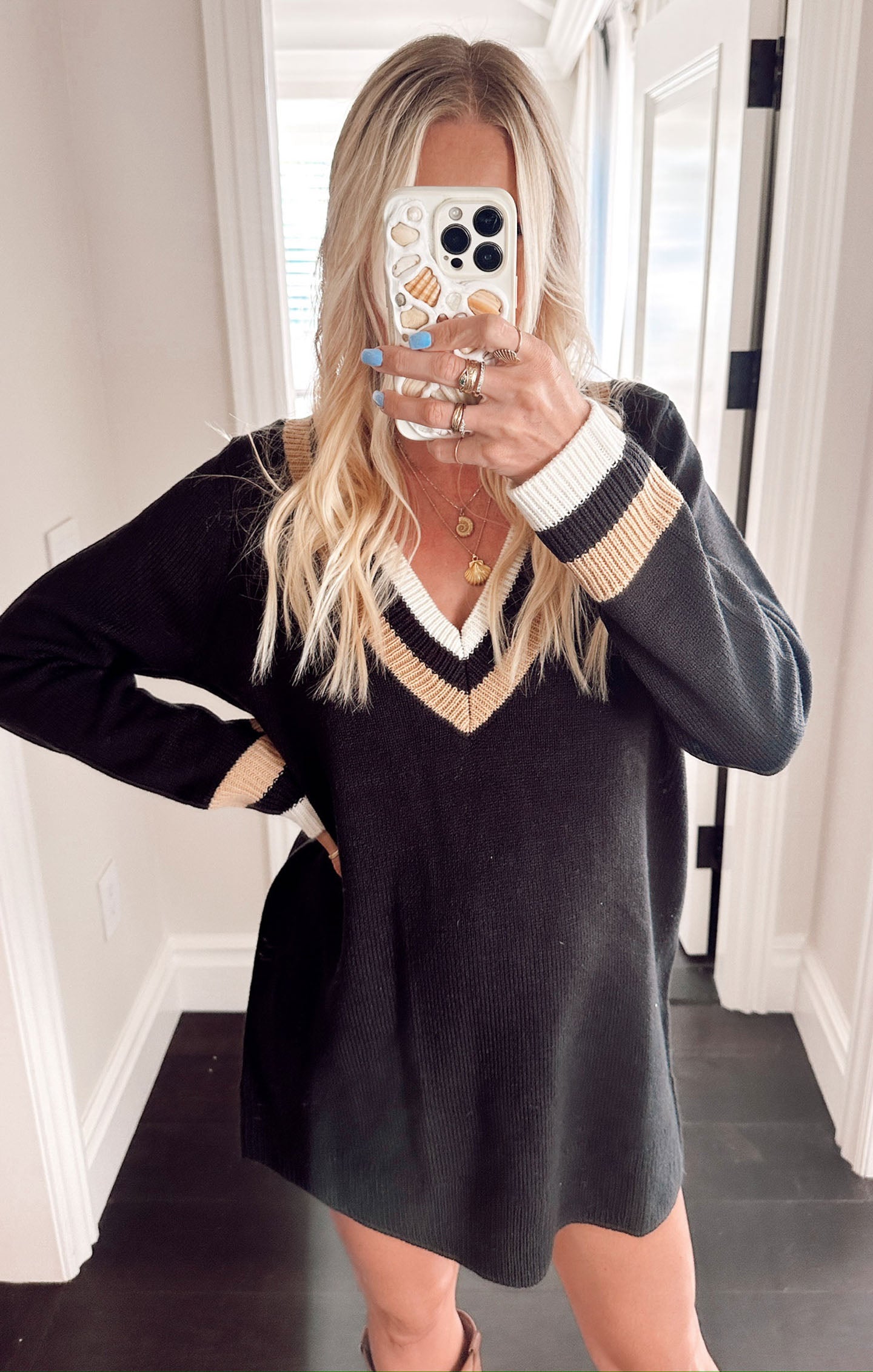 Black Stripe Knit Sweater Dress | V-Neck & Ribbed Details