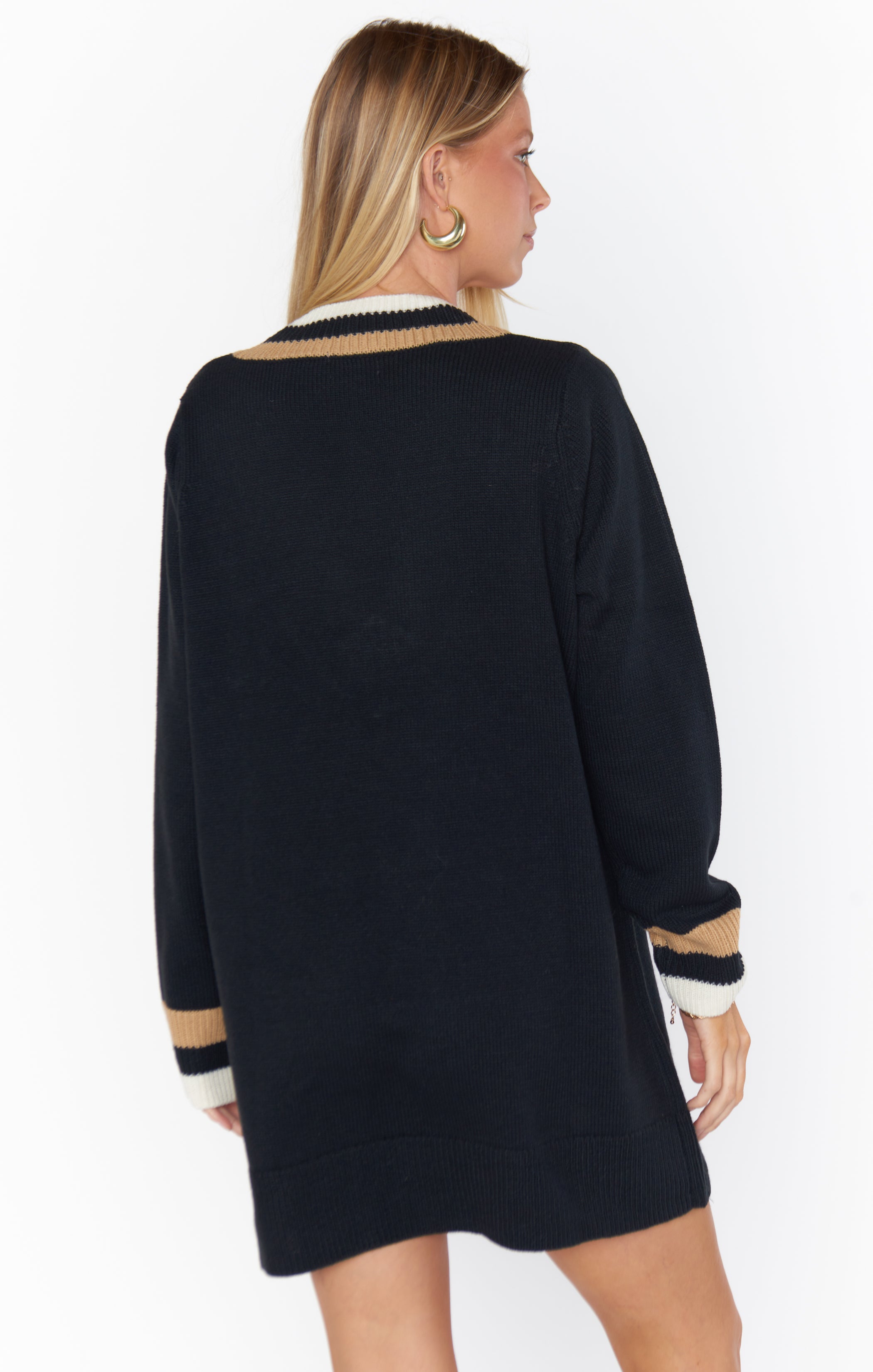Black Stripe Knit Sweater Dress | V-Neck & Ribbed Details