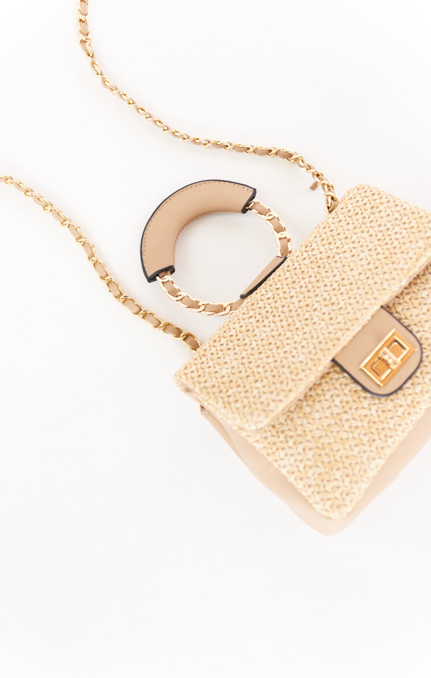 Beige Straw Bag with Circle Handle & Gold Chain | Cosmo