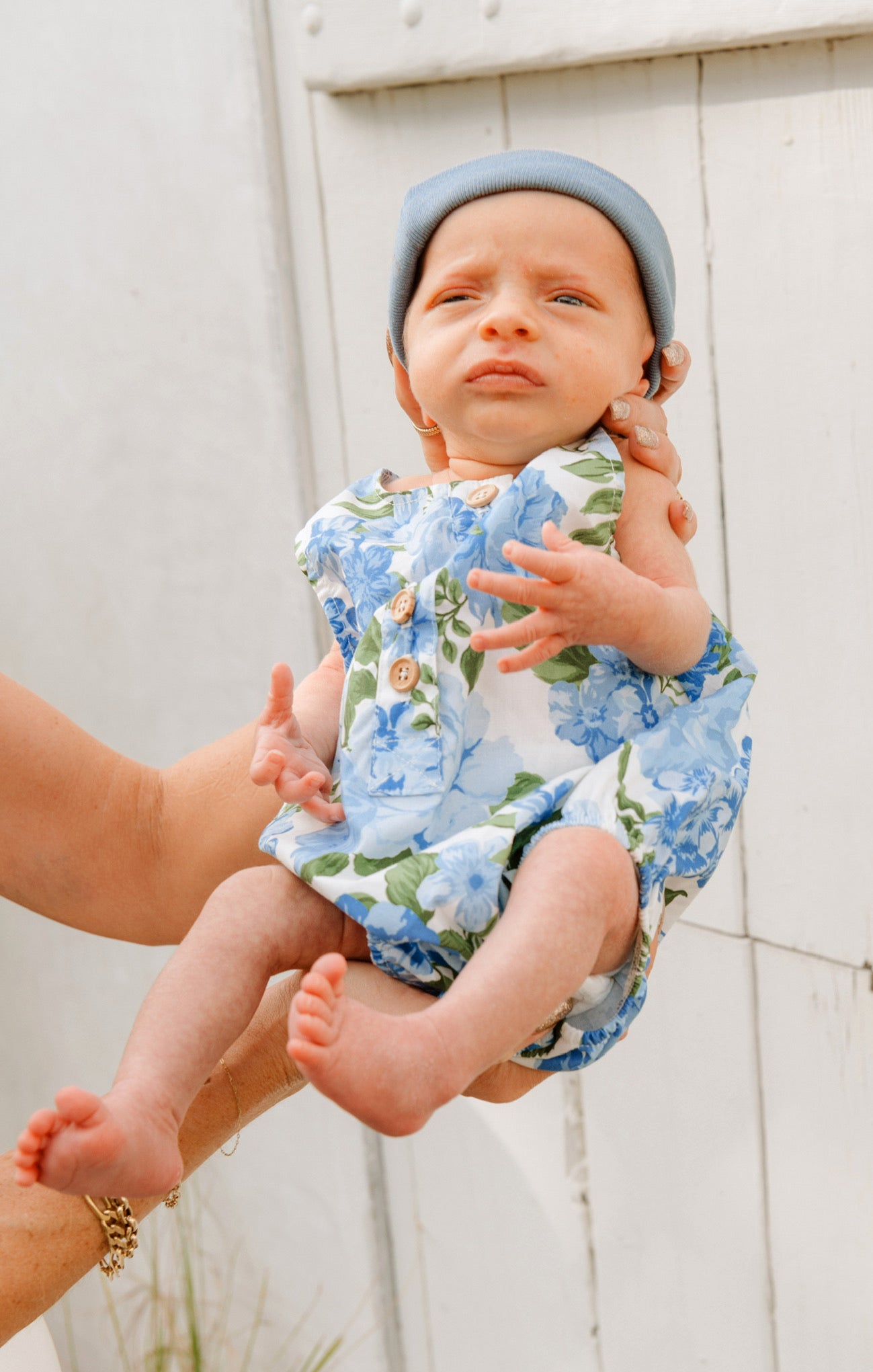 Floral Blue Baby Onesie with Easy Button Closure | Rowan