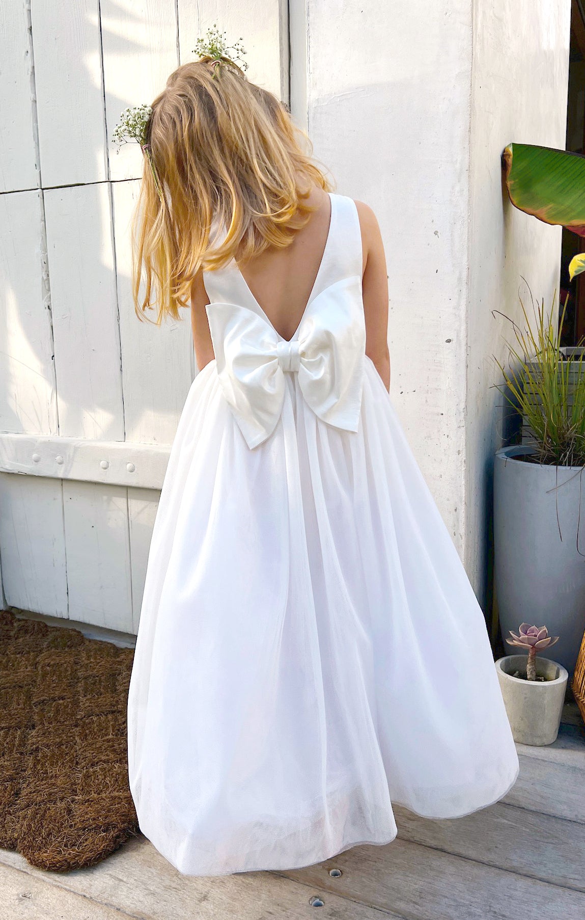 White Taffeta Flower Girl Dress with Bow | Perfect for Weddings