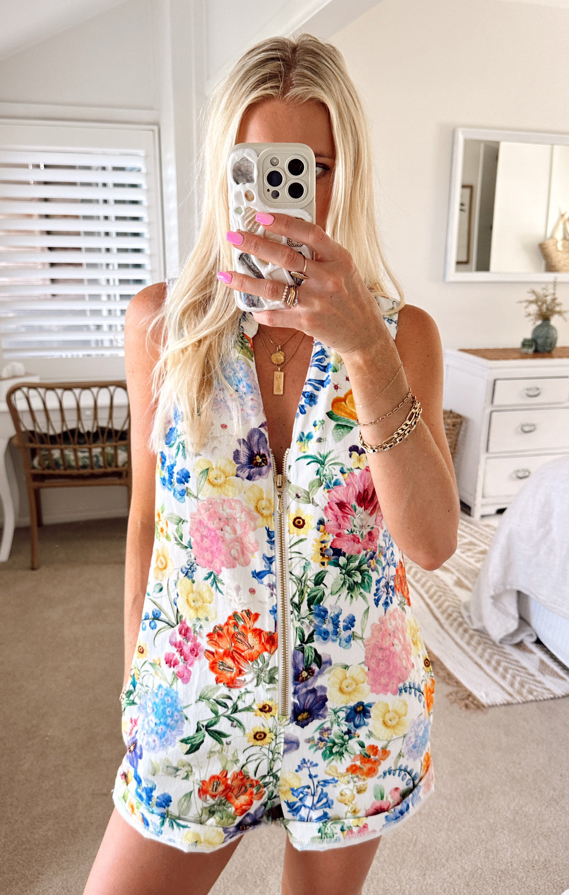 Denim Romper with Zip Front & Relaxed Fit | Reno Ivory Floral