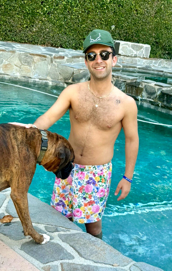 Men's Ivory Botanical Swim Trunks with Drawstring | Man Mu