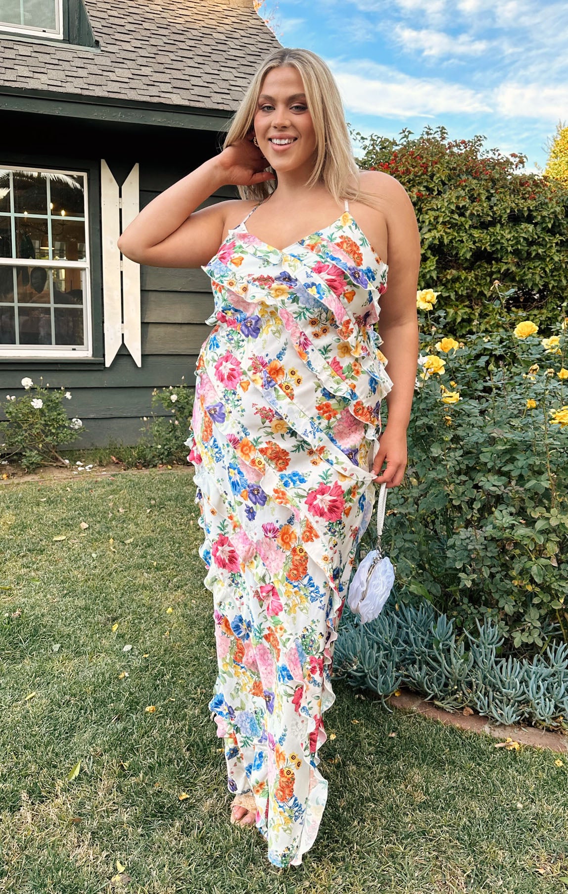 Floor Length Ruffle Dress for Bridesmaids & Weddings | Ivory Botanical Floral