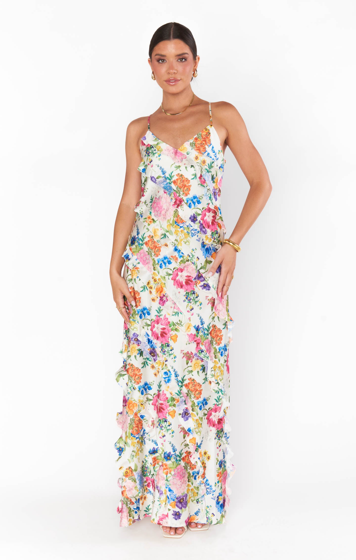 Floor Length Ruffle Dress for Bridesmaids & Weddings | Ivory Botanical Floral