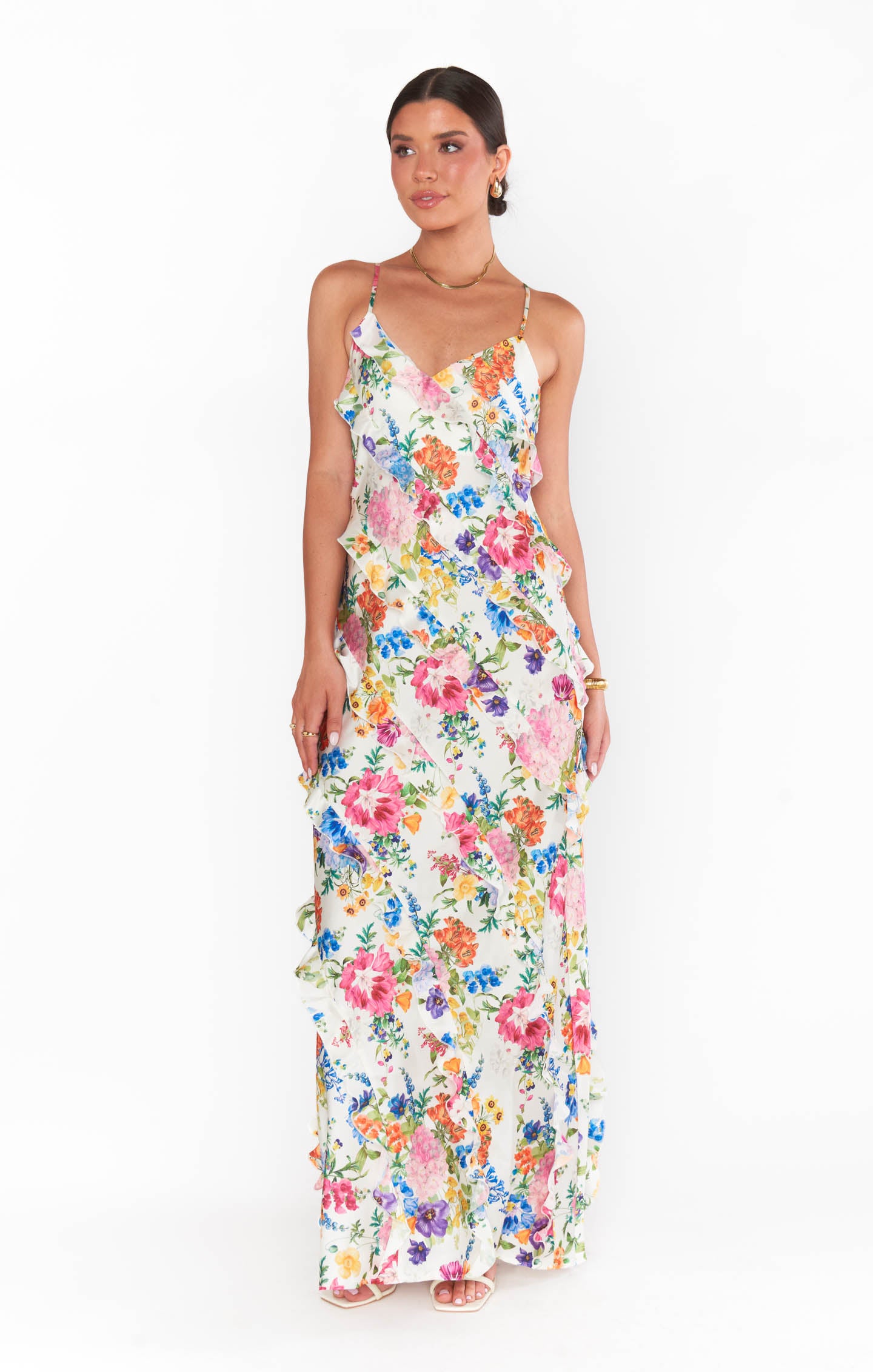 Floor Length Ruffle Dress for Bridesmaids & Weddings | Ivory Botanical Floral