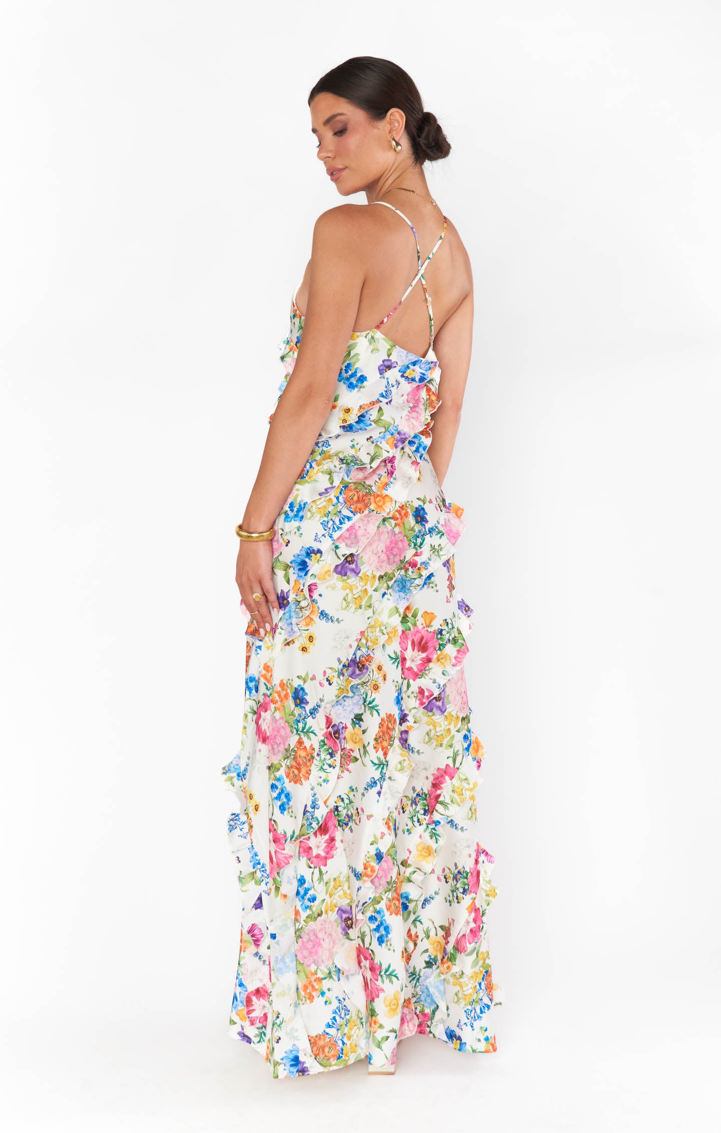 Floor Length Ruffle Dress for Bridesmaids & Weddings | Ivory Botanical Floral