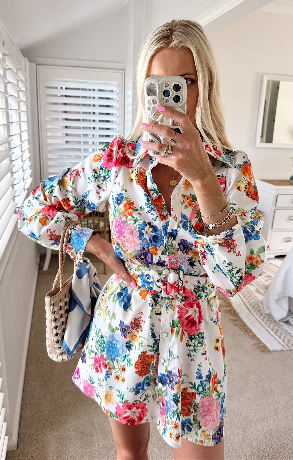 Floral Collared Mini Dress with Ruffled Skirt & Belt | Carrie Ivory