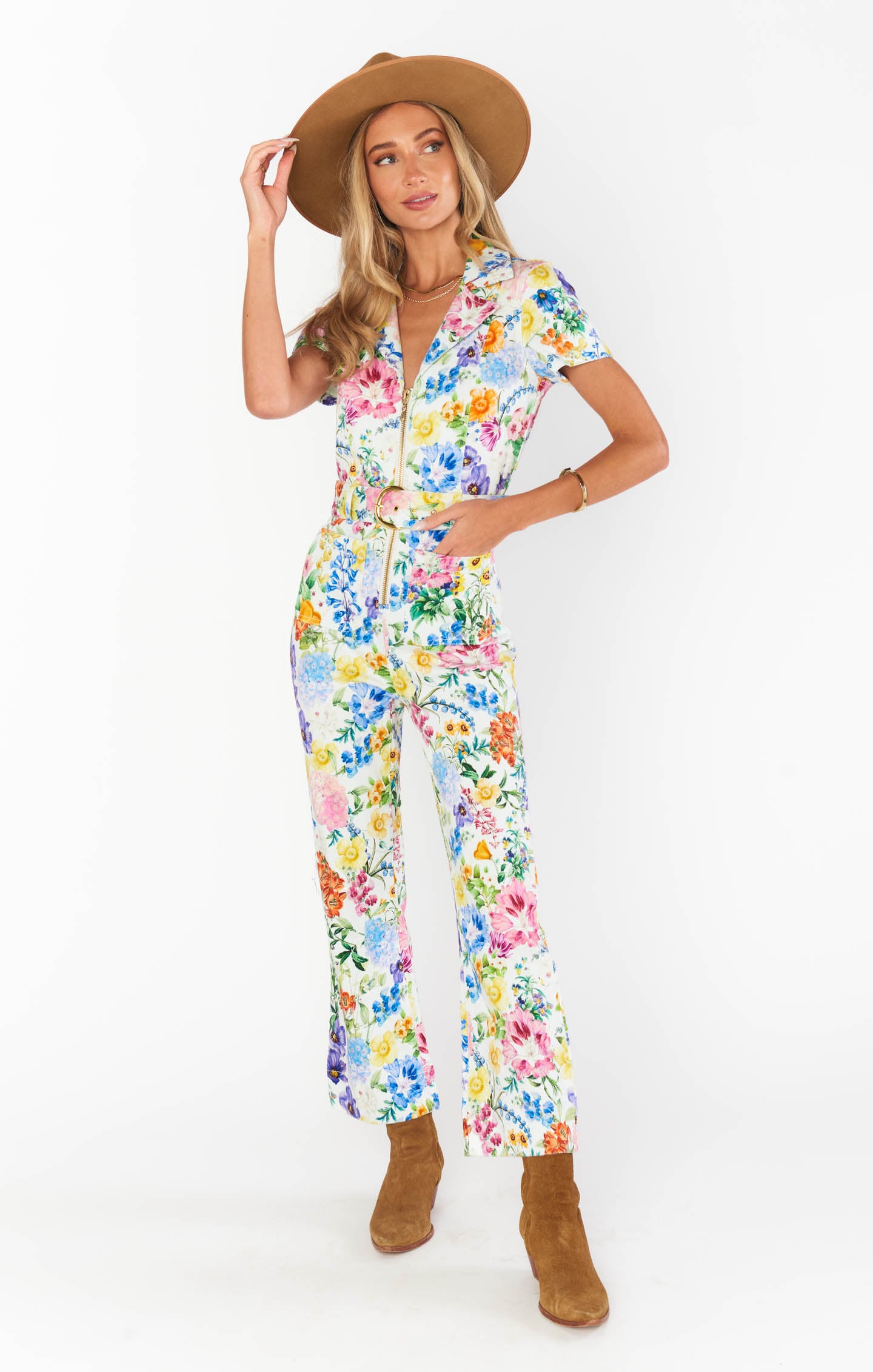 Cropped Denim Jumpsuit with Floral Print | Jacksonville Ivory