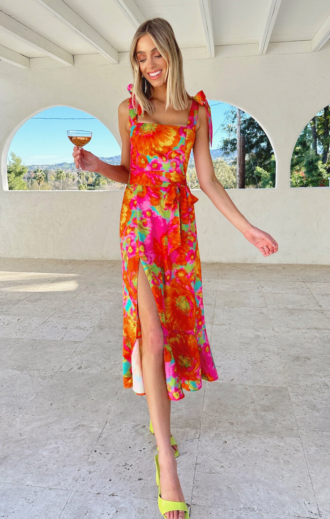 Floral Midi Dress with Adjustable Tie Straps & Side Slit | Miss Malibu