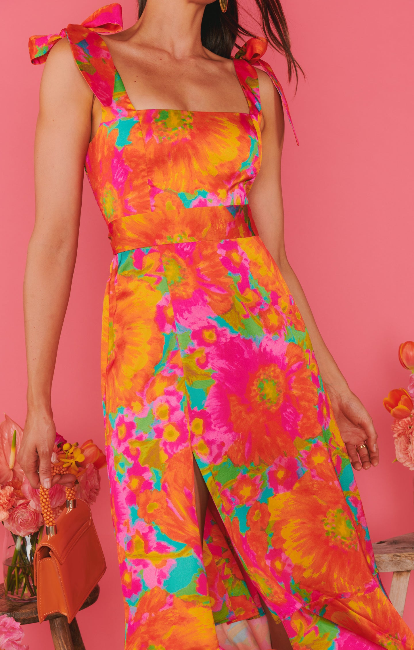 Floral Midi Dress with Adjustable Tie Straps & Side Slit | Miss Malibu