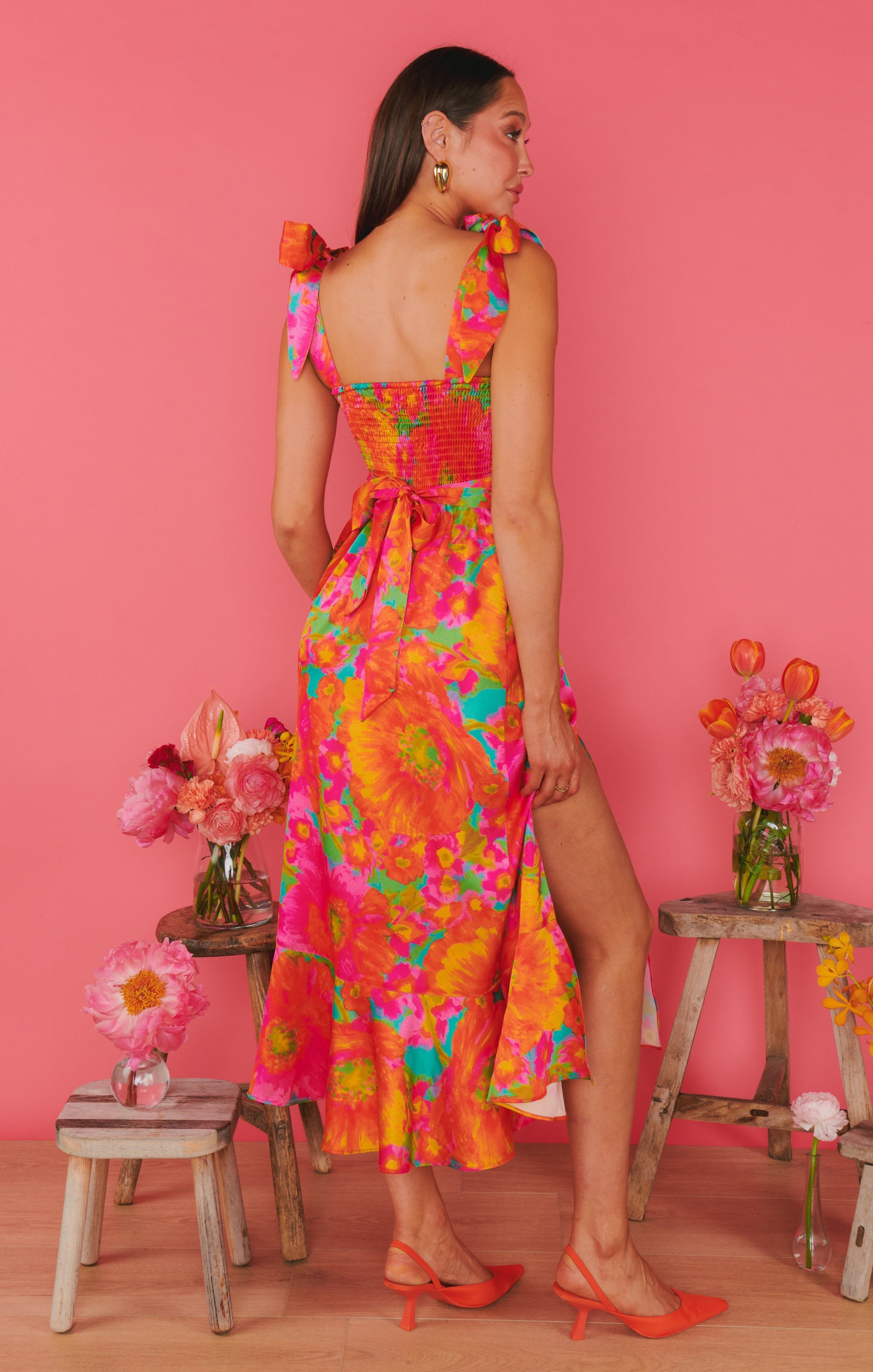 Floral Midi Dress with Adjustable Tie Straps & Side Slit | Miss Malibu