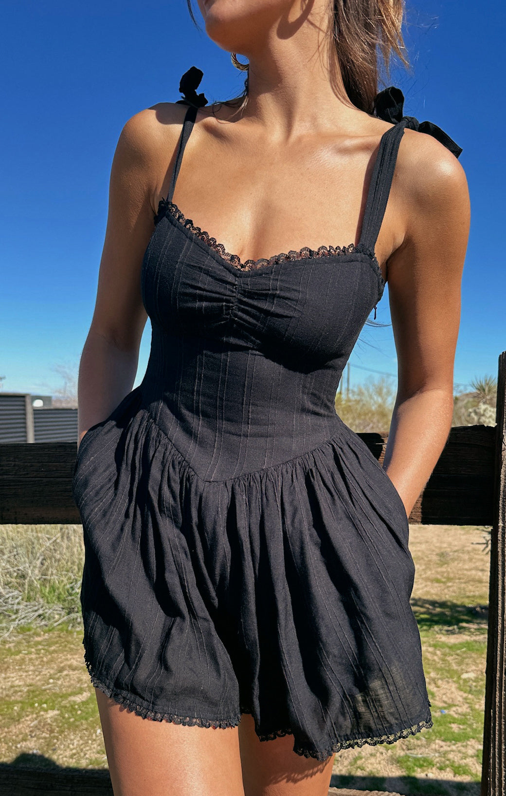 Black Adjustable Strap Romper with Pockets | Regal