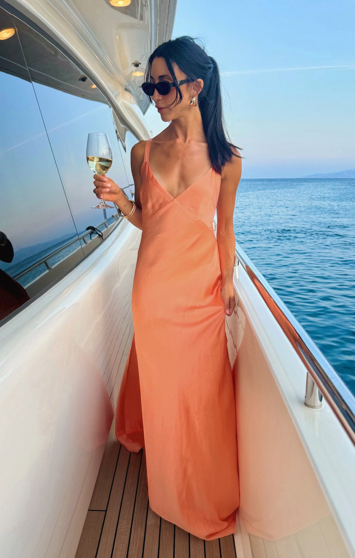 Elegant Cantaloupe Satin Maxi Dress with Open Back | Anderson
