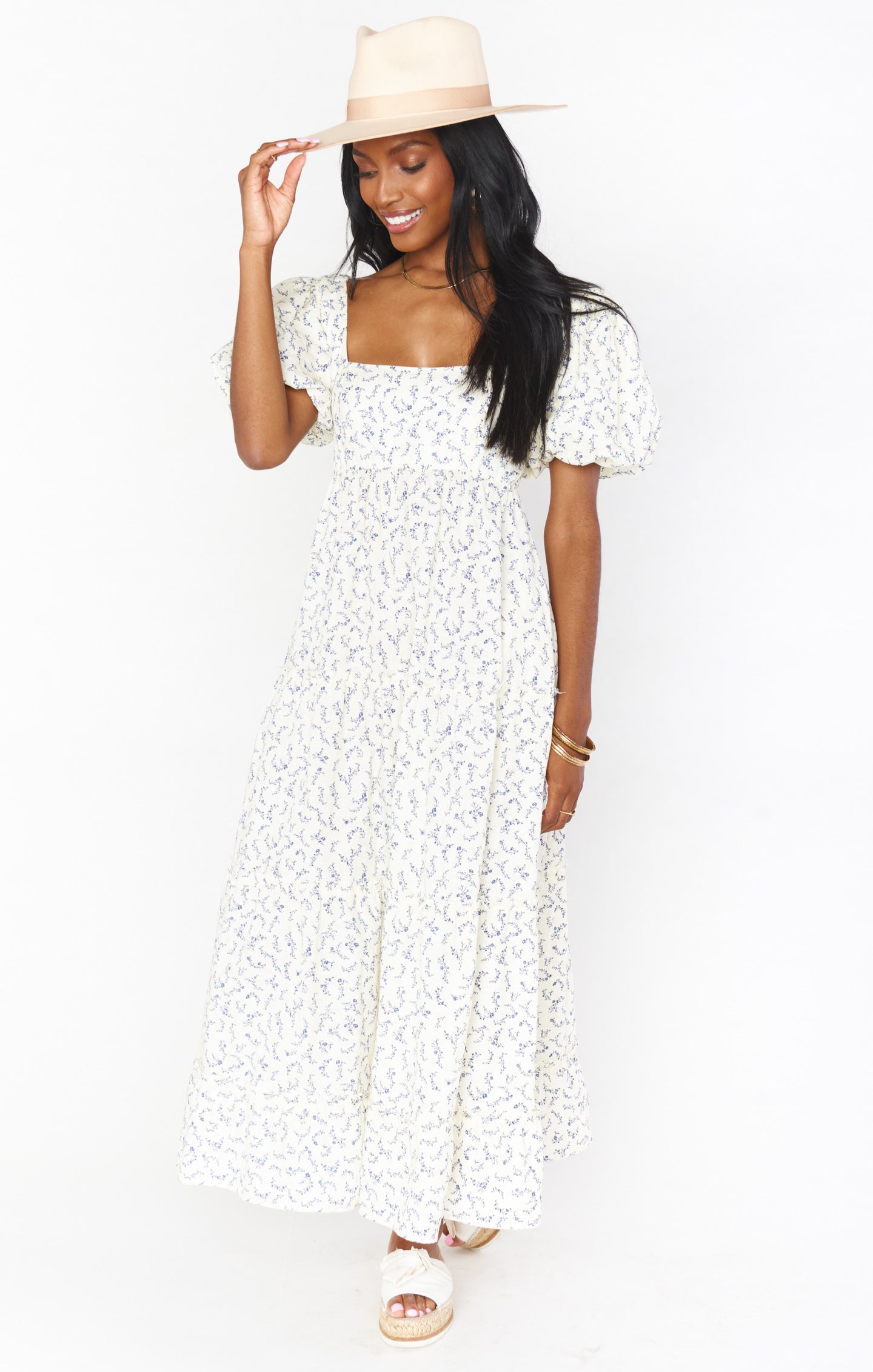 Floral Midi Dress with Square Neck & Smocked Back | Linds