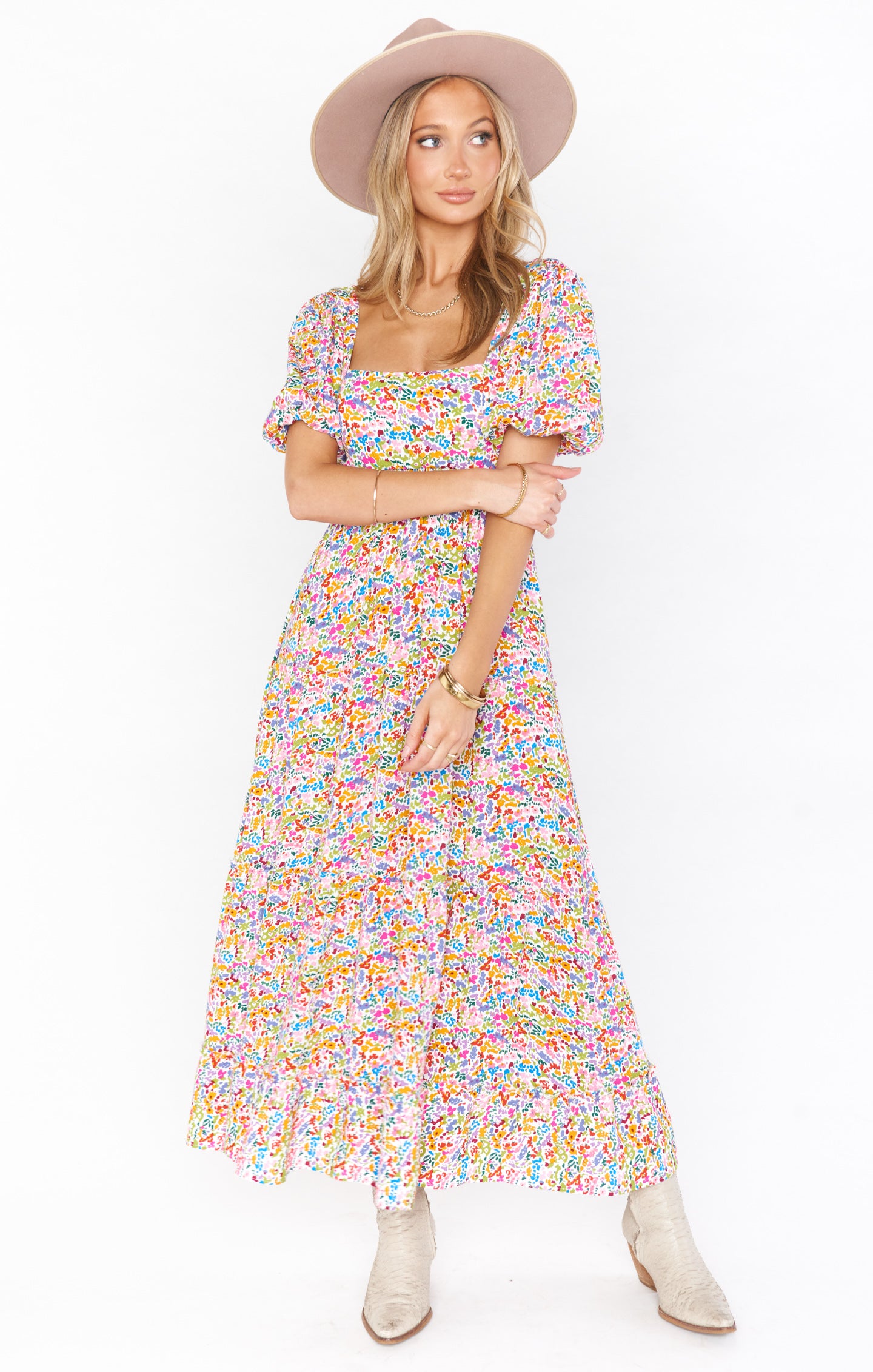 Floral Midi Dress with Square Neck & Smocked Back | Linds