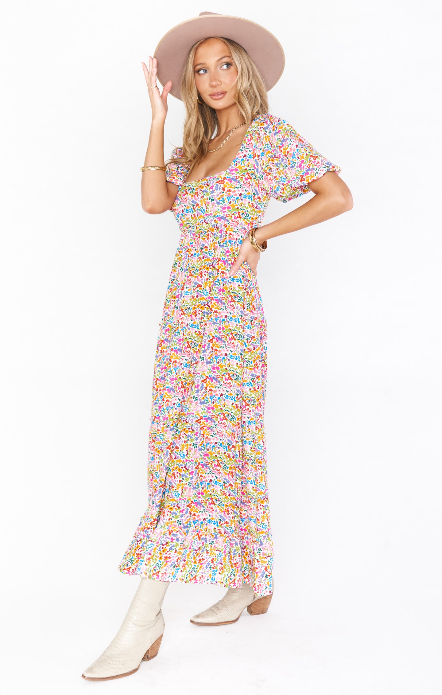 Floral Midi Dress with Square Neck & Smocked Back | Linds