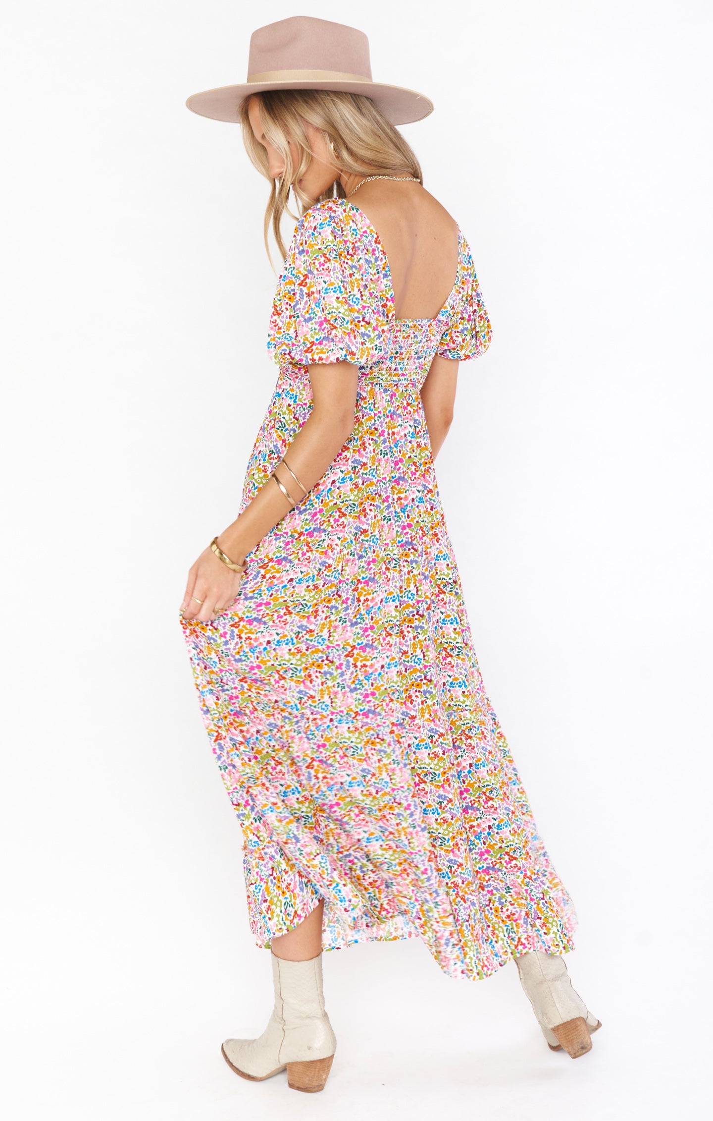 Floral Midi Dress with Square Neck & Smocked Back | Linds