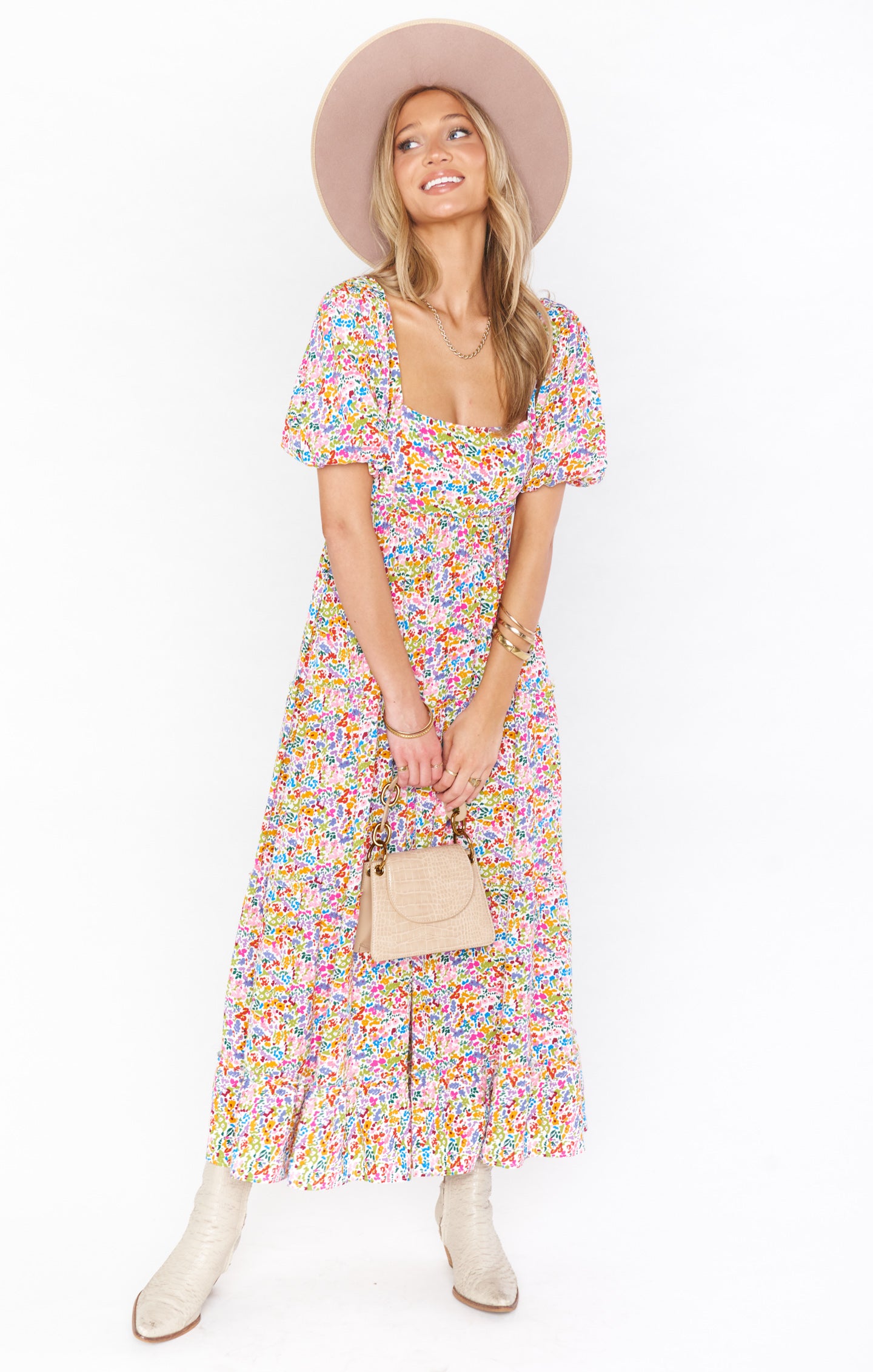 Floral Midi Dress with Square Neck & Smocked Back | Linds
