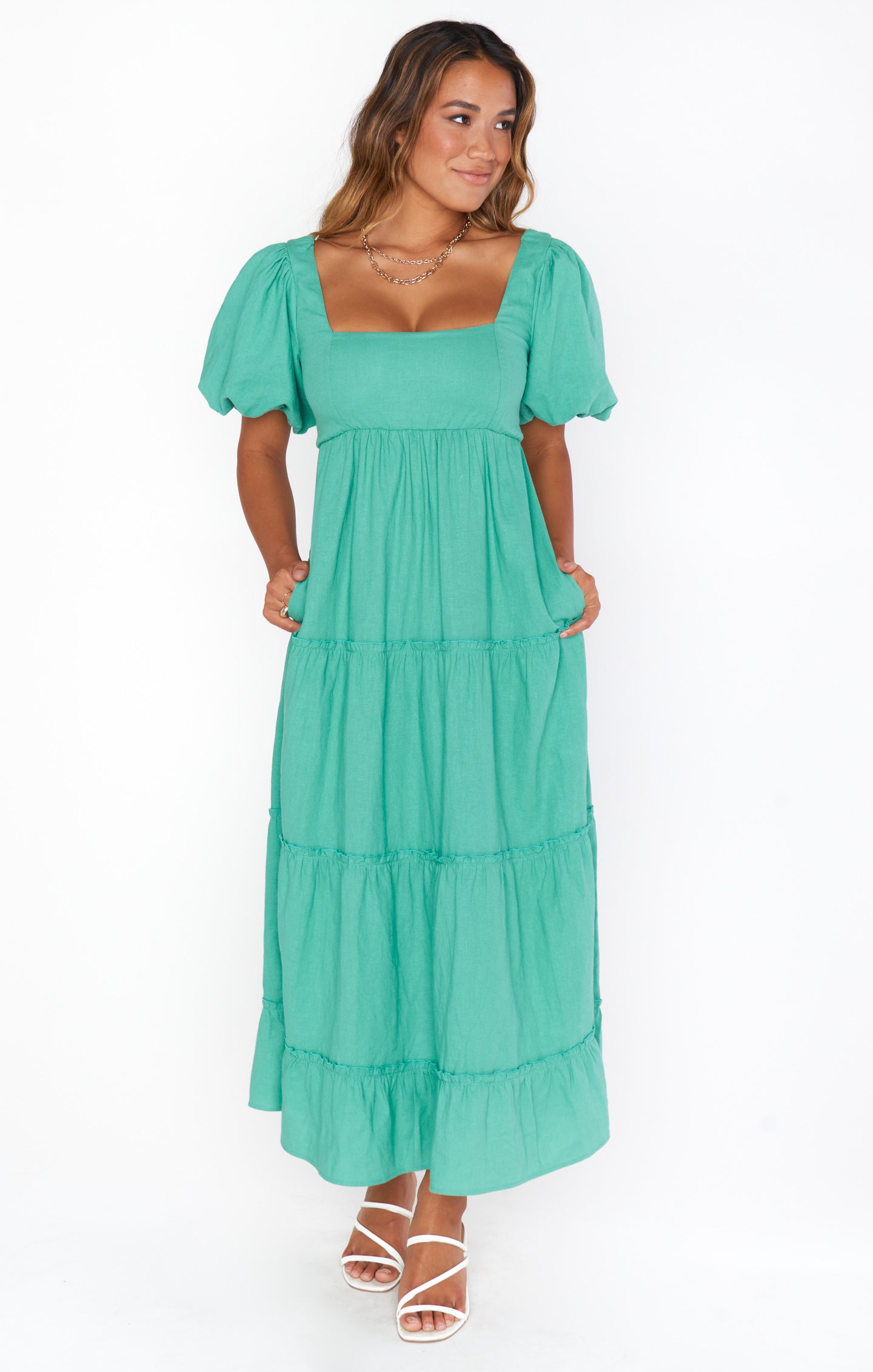Green Square Neck Midi Dress with Smocked Back | Linds Linen