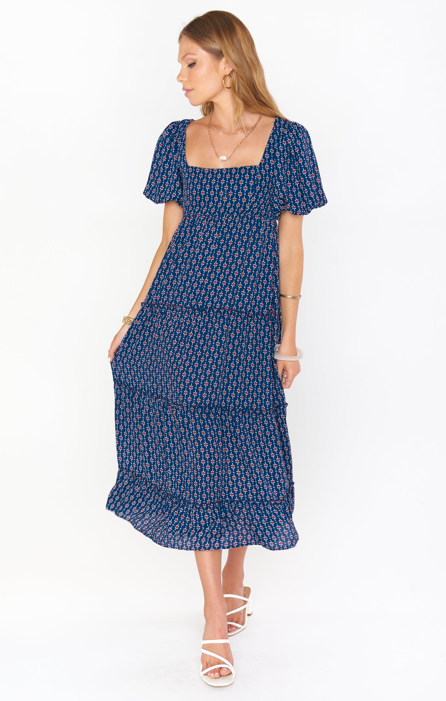 Red White Blue Boho Midi Dress with Square Neck & Smocked Back | Linds