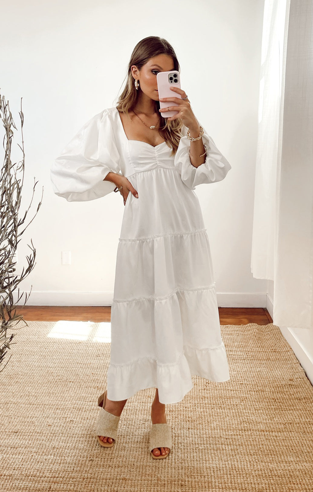 White Floral Midi Dress with Poof Sleeves & Smocked Back | Mandi