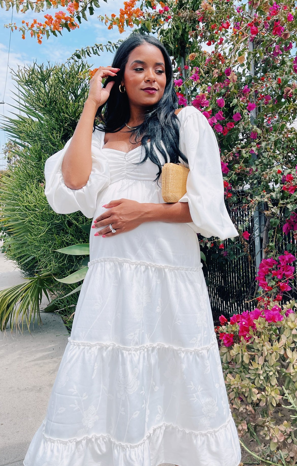 White Floral Midi Dress with Poof Sleeves & Smocked Back | Mandi