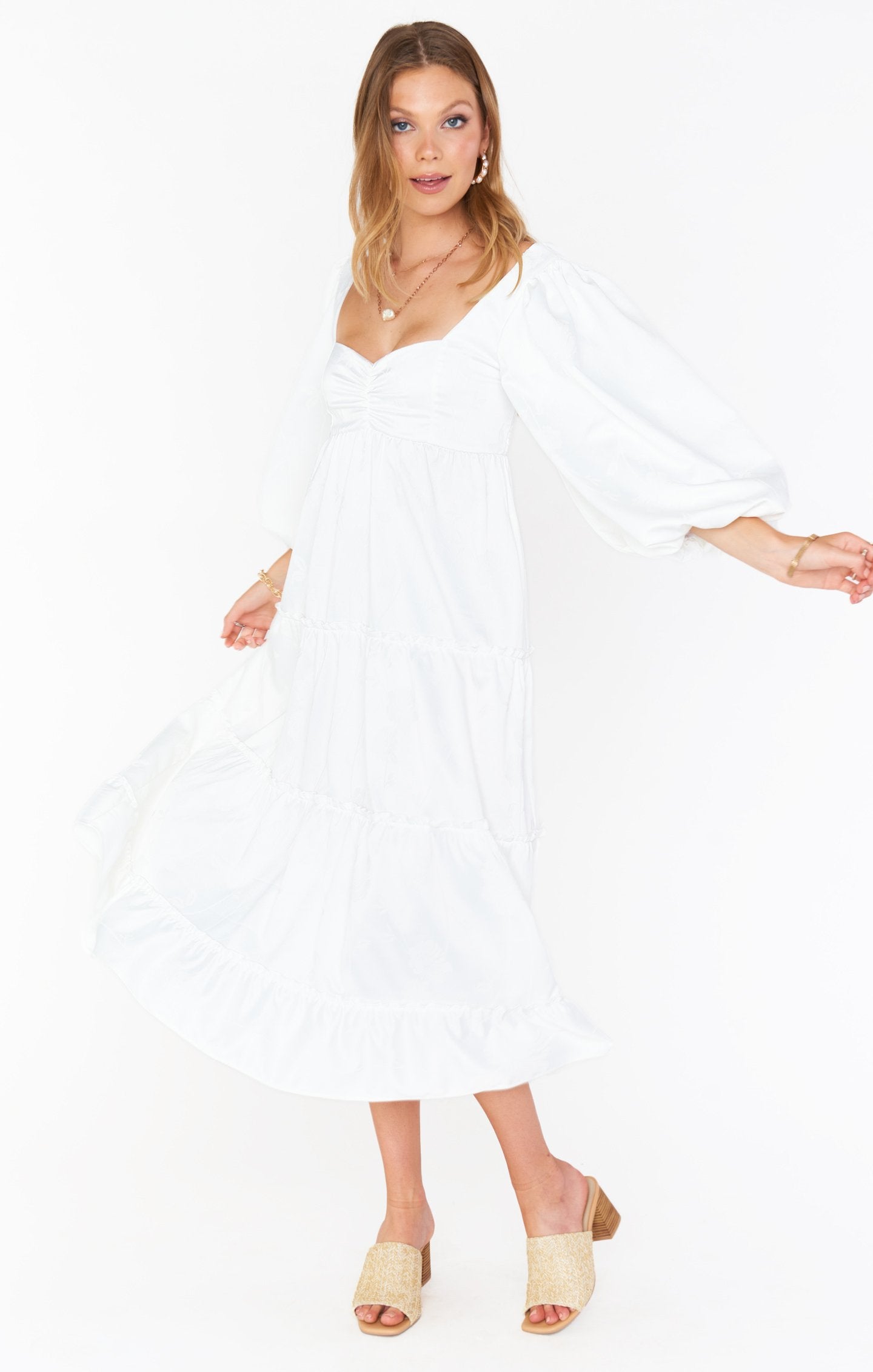 White Floral Midi Dress with Poof Sleeves & Smocked Back | Mandi
